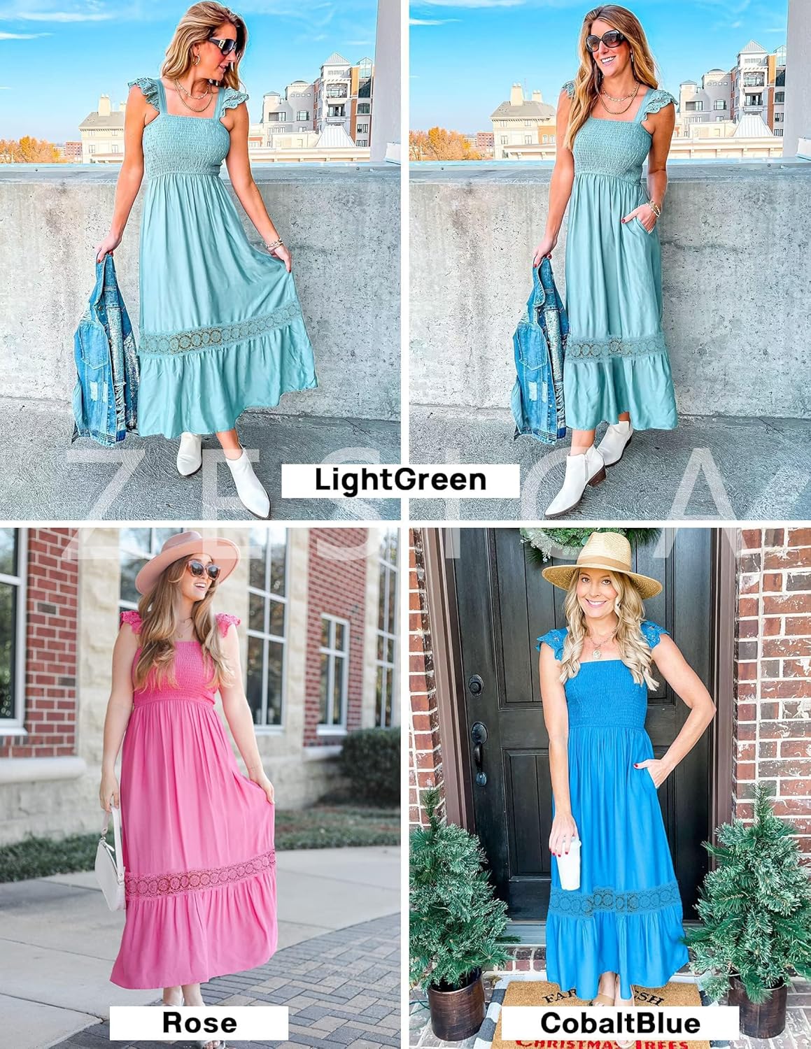 ZESICA Women's 2026 Summer Lace Strap Sleeveless Square Neck Smocked High Waist Ruffle Hollow Out Flowy A Line Maxi Dress - Image 8