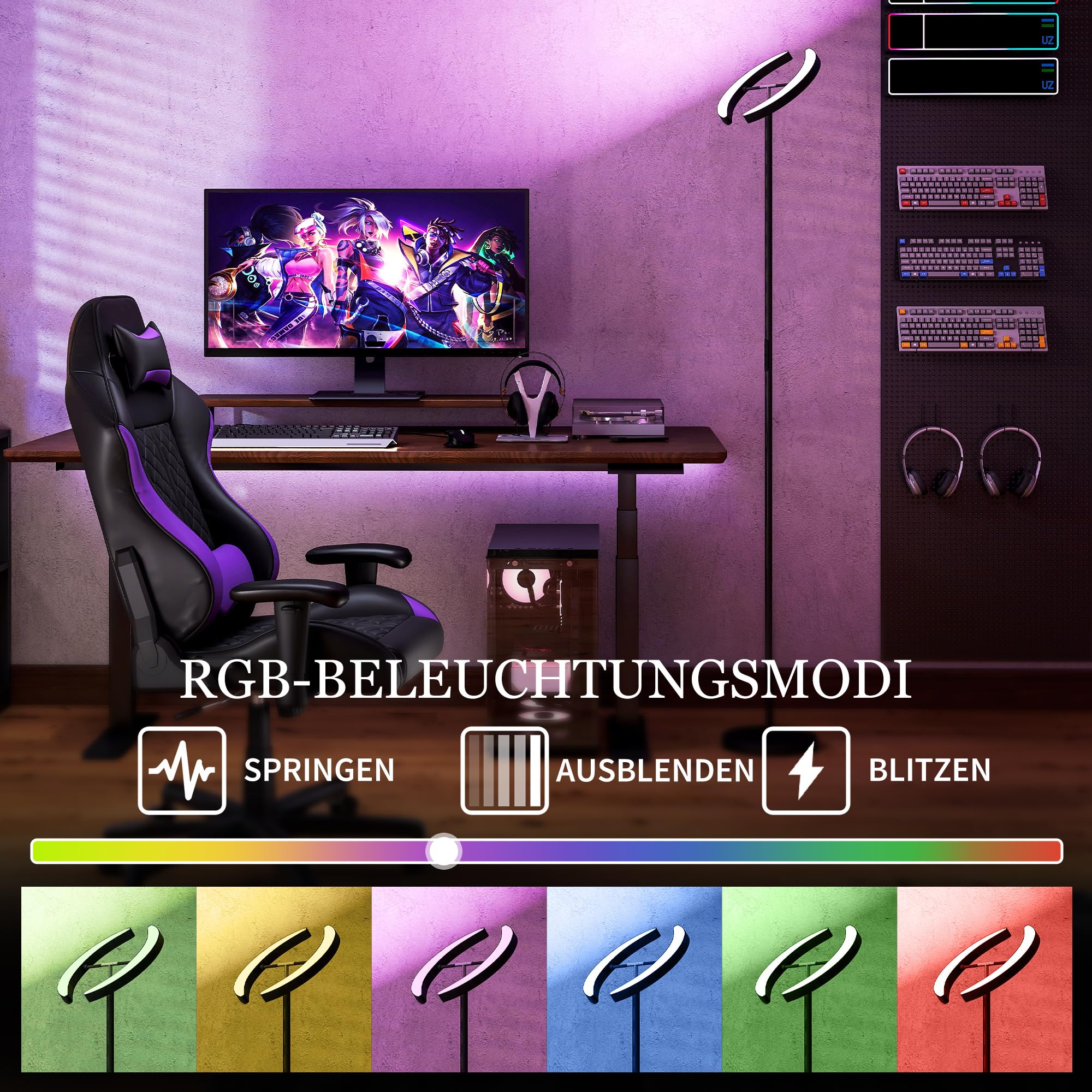 HOMCOM Lampa podłogowa LED do salonu RGB, z regulacją jasności, z obrotową podwójną głowicą, pilotem, sterowaniem dotykowym, 4 temperaturami barwowymi, timerem, nowoczesna lampa sufitowa do salonu,