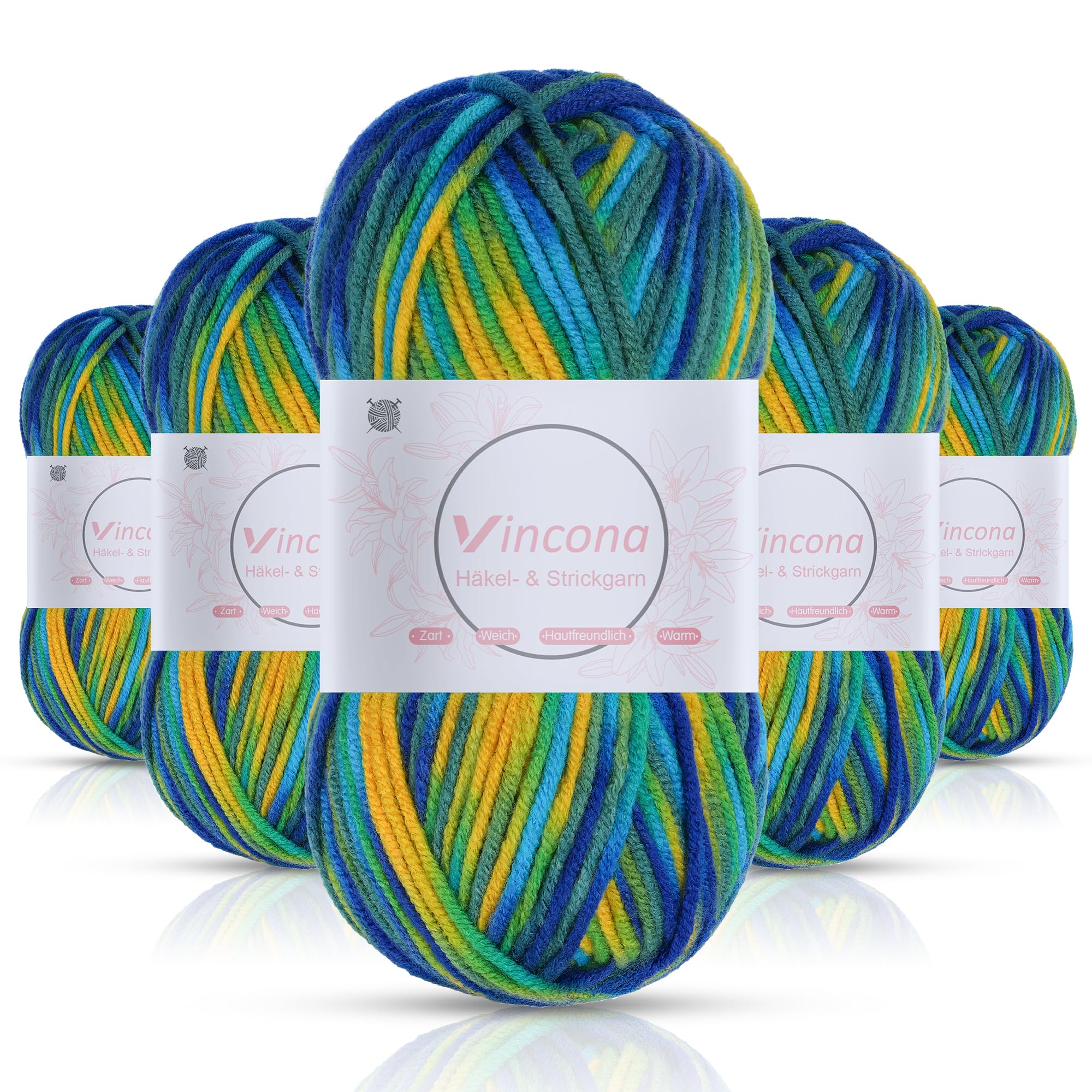 Vincona Häkelgarn，5x50 g Wolle zum Häkeln，Bunt Farbverlauf Acrylgarn zum Häkeln，Wolle zum Häkeln und Stricken, Handstrickgarnsets Geeignet zum Stricken von Puppen, Pullovern, Schals, Mützen