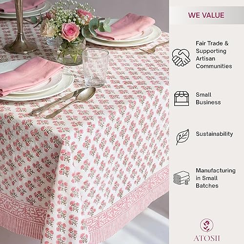 Miniatura 4 de ATOSII - Mantel Gulbahar blanco y rosa de 100 % algodón, estampado floral a mano, rectangular, lavable, para mesa de cocina, comedor, buffet,