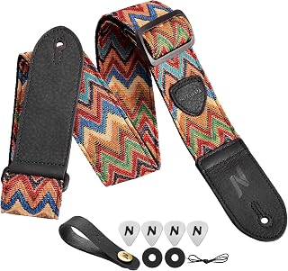 Nefelibata Guitar Strap,Double Full-Grain Leather Ends,Vintage Weaving Strap/FREE BONUS-4 Picks+Strap Locks+Strap Button,Gift For Bass,Electric&Acoustic Guitars(Vintage Rainbow)