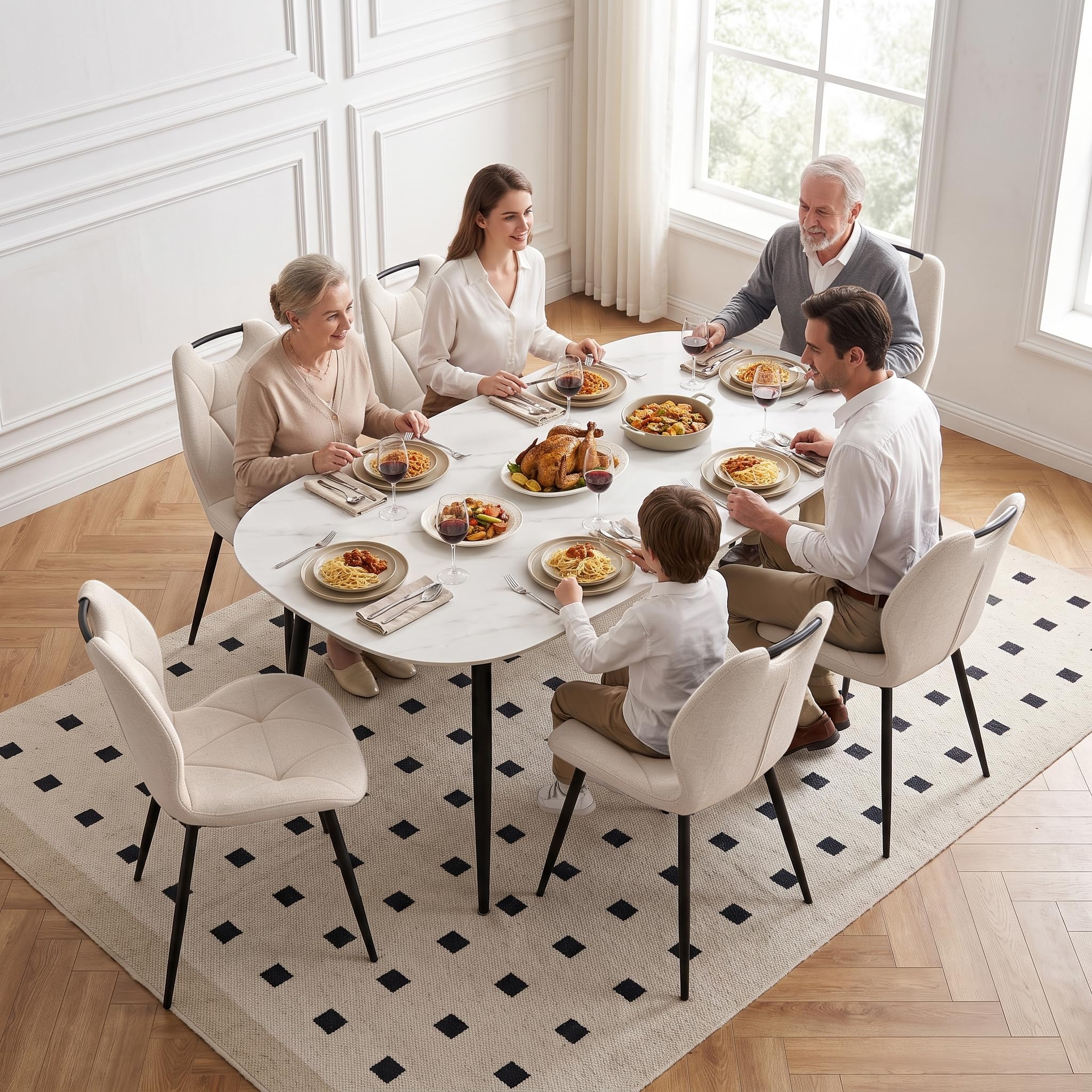 GrandCA HOME 6er-Set Esszimmerstühle, nordische Küchenstühle mit Griffen, für Esszimmer, Wohnzimmer, Metallbeine und Polsterung mit Rautenmuster (Beige)