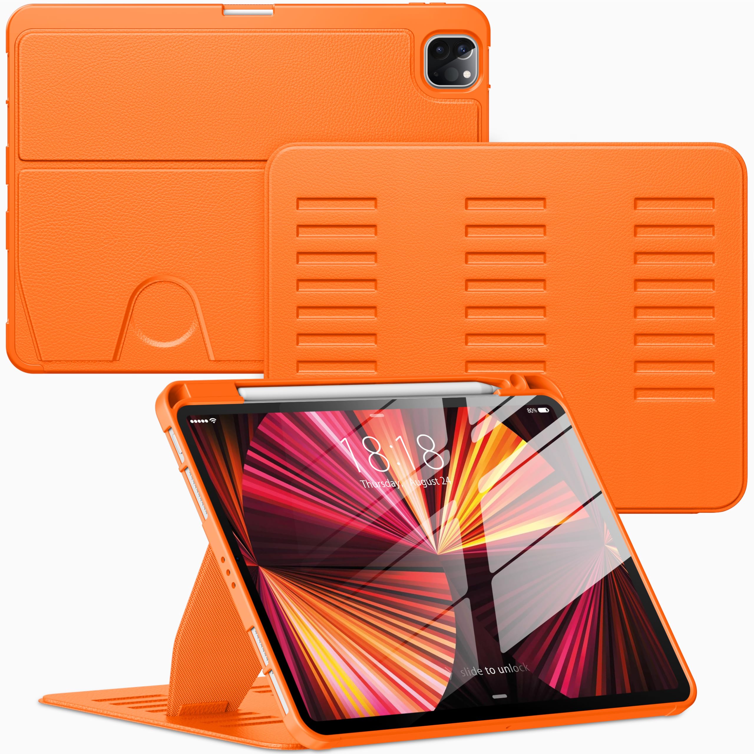 VIKESI Case for iPad Pro 11 Inch 4th / 3rd / 2nd / 1st Generation 2022/2021/2020/2018,Multiple Angles Stand Cover,Soft Back,Pencil Holder,and Auto Sleep/Wake,Orange