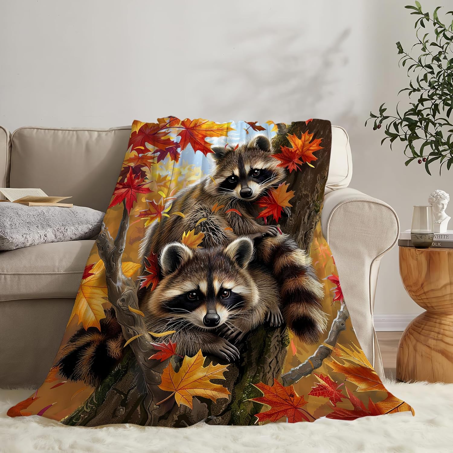 Raccoon Blanket Funny Raccoons Gifts for Girls Boys Woman Kids Raccoon Lover Maple Leaf Throw Blankets Soft Blanket Warm Fleece Flannel Plush Blankets for Bed Sofa Couch 60"x80"