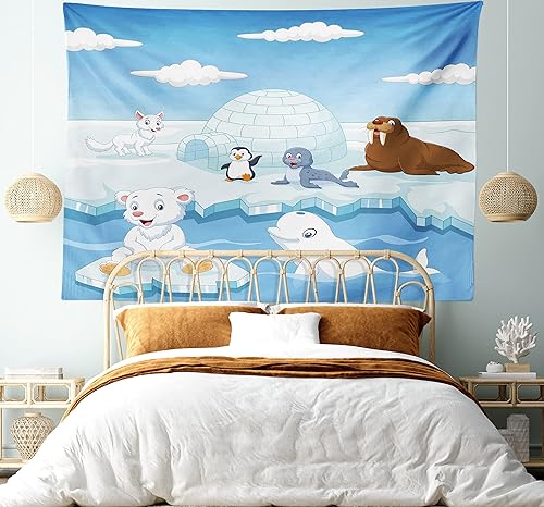 Miniatura 5 de Ambesonne Tapiz de animales tamaño King, imagen de animales árticos, osos polares, foca, pingüinos, lobos, ballenas, obra de arte, colcha para