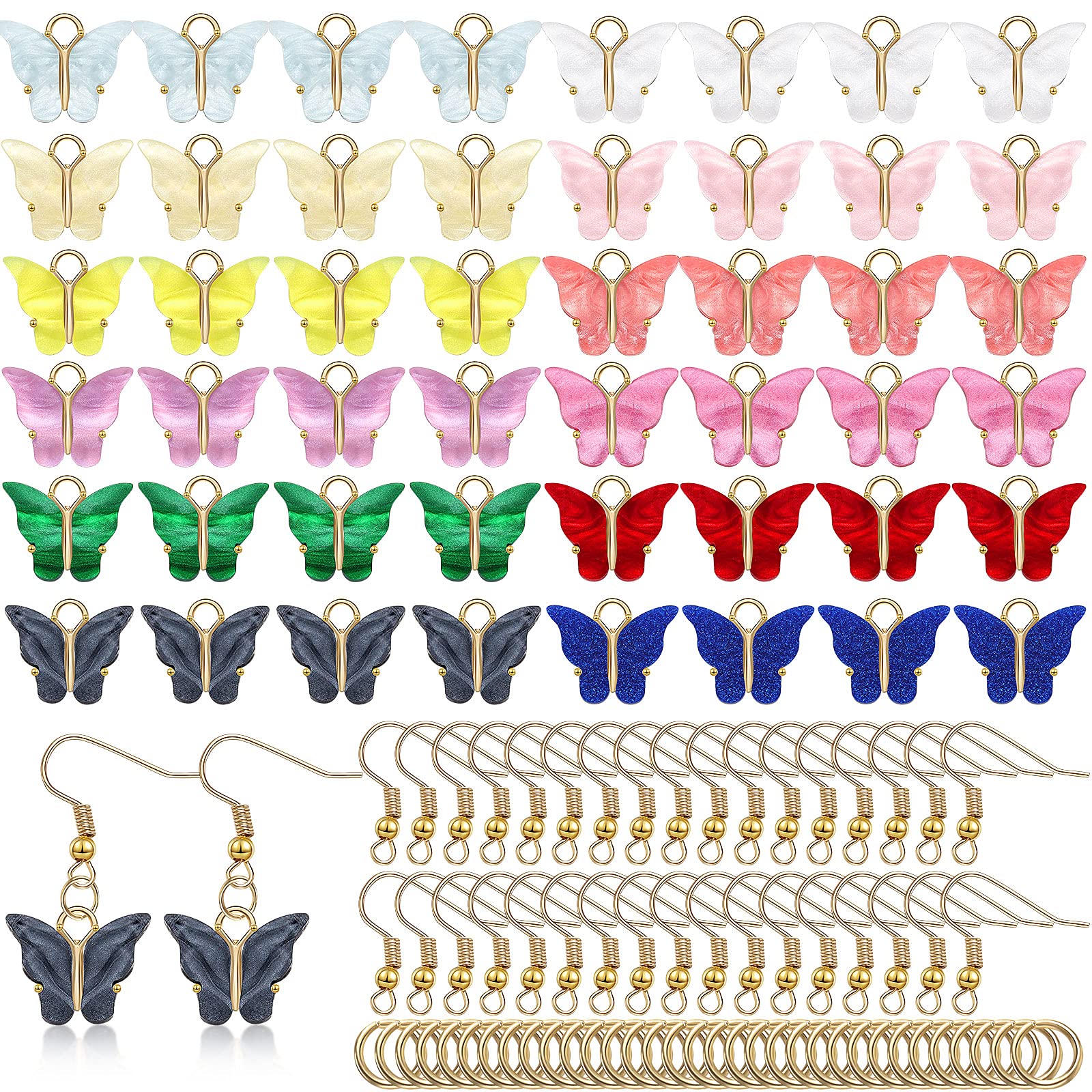 Hicarer 200 Pcs Butterfly Charm Set, Including 50 Pcs 12 Colors Acrylic Butterfly Charms for Jewelry Making, 50 Pcs Earring Hooks, 100 Pcs Open Jump Rings for Jewelry Making DIY Handmade Supplies