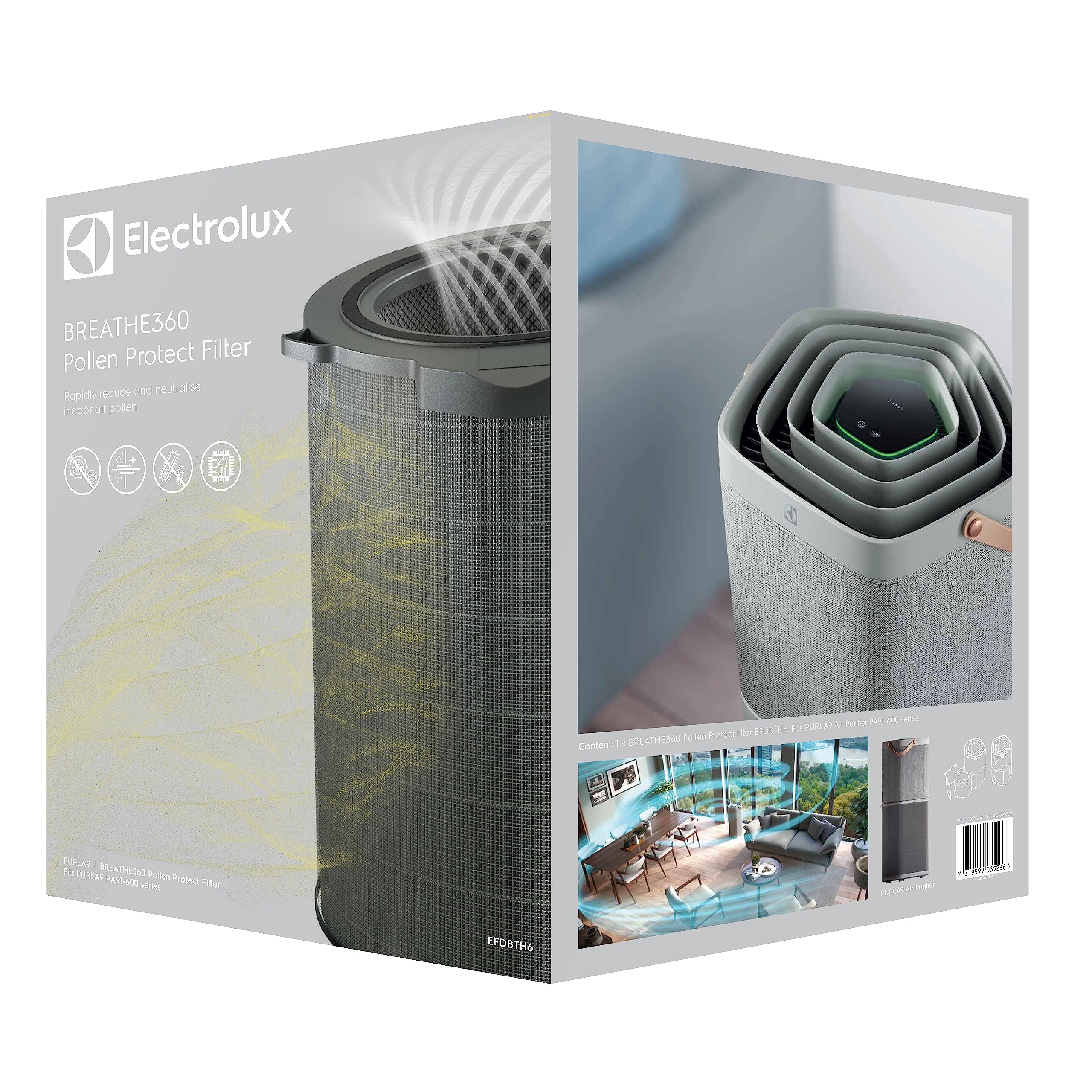 Electrolux EFDBTH6 Filtr antyalergiczny BREATHE360 (pasuje do Pure A9 PA91-60…) Wysoka filtracja pyłków idealna dla alergików, czyste powietrze, doskonała filtracja, długa żywotność
