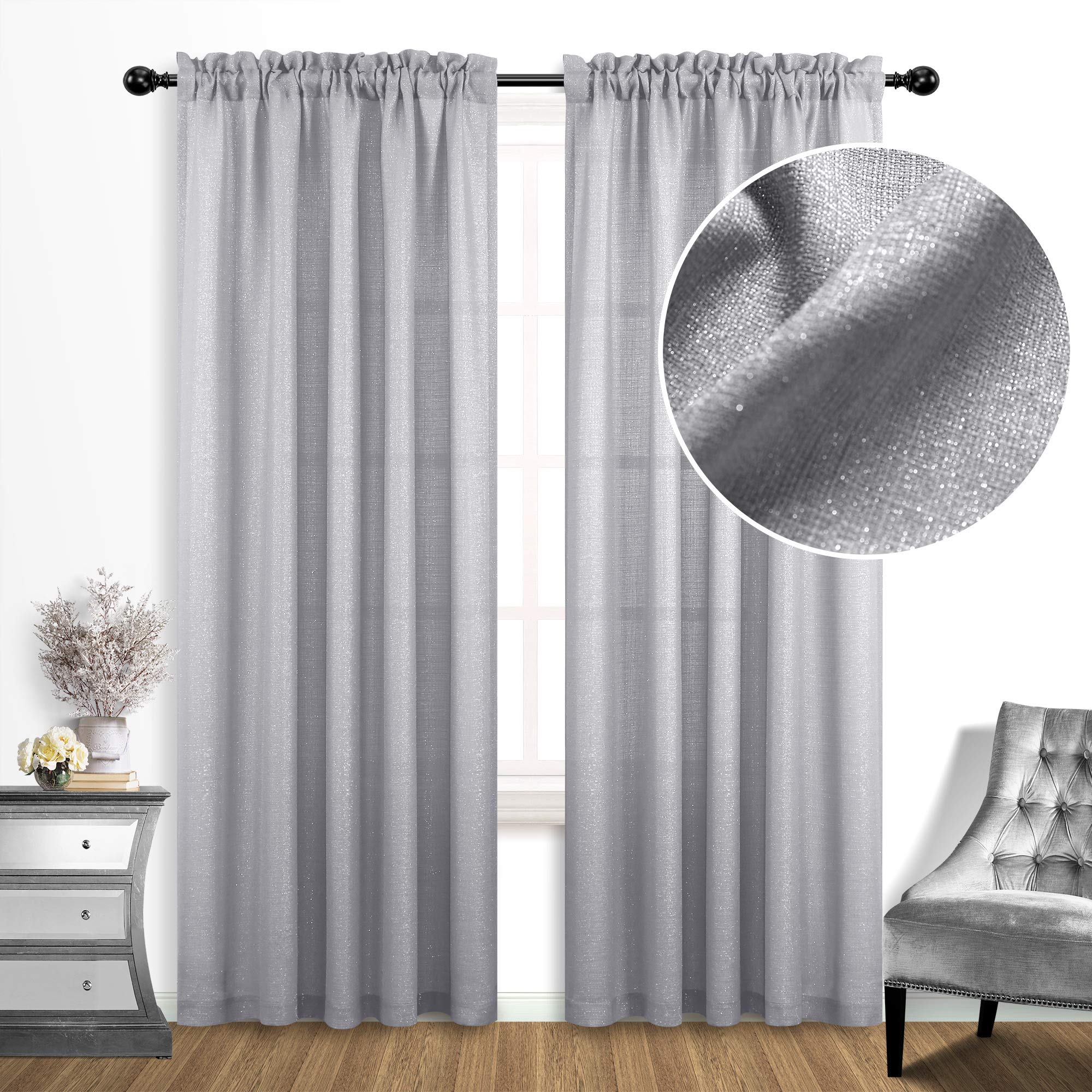 Mrs.Naturall Silver Curtains 84 Inch Length for Living Room Decor 2 Panels Set Window Sheer Glam Shimmer Glitter Elegant Grey Crystal Curtains for Bedroom Backdrop