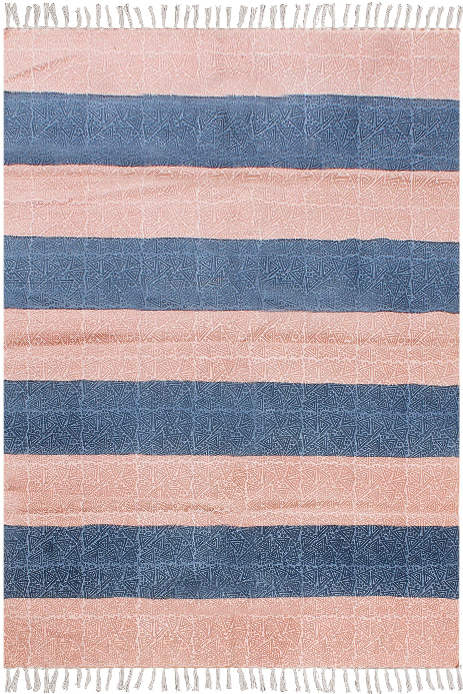Kelim Teppich, quadratisch, handbedruckt, Baumwolle, Dhurrie, rosa und blau, gestreiftes Design, Handwäsche, 0,5 cm dick, handgefertigt, Boho, für drinnen und draußen, Flachgewebe, Teppiche für Flur