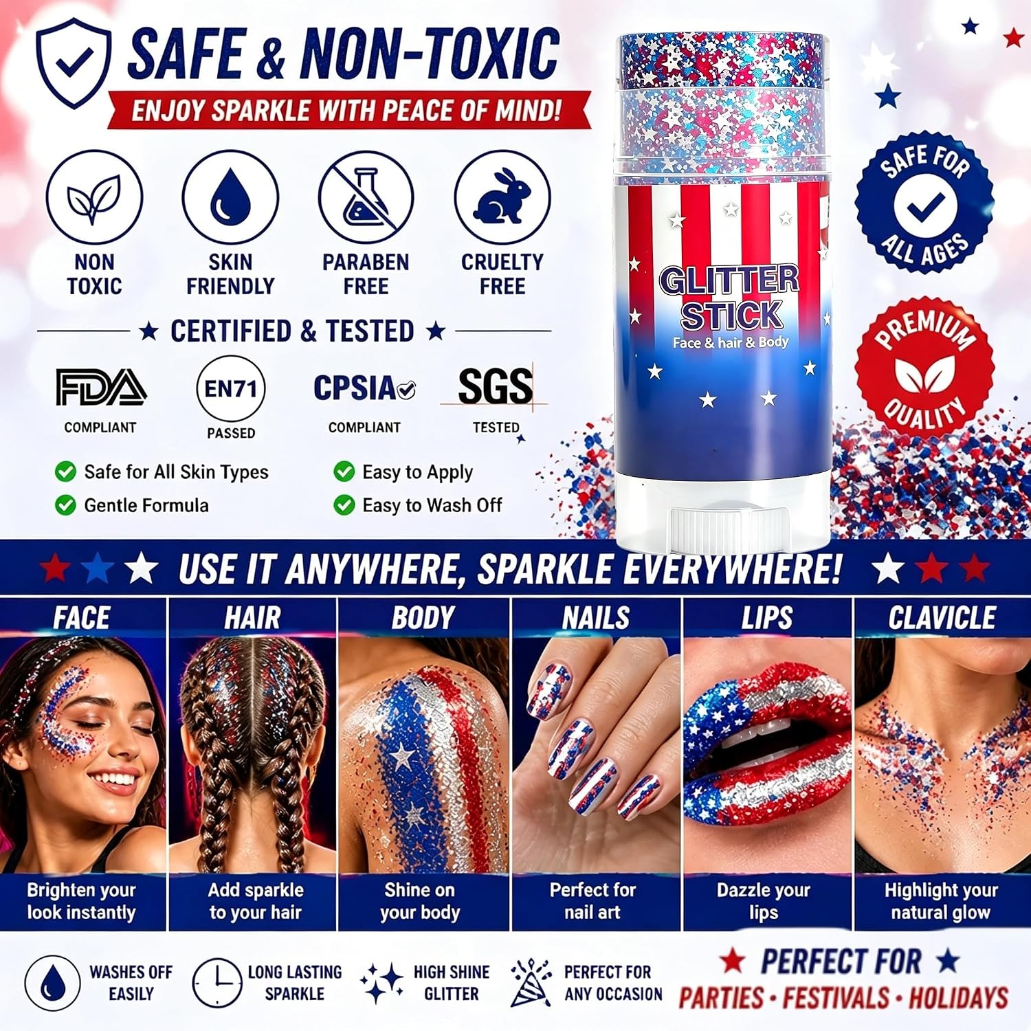 4th of July Glitter Stick, Patriotic Red White Blue Hair Glitter Stick for Face Hair Body, Patriotic America Flag Star Face Body Glitter, 250 Anniversary Memorial Day Waterproof Glitter Sticks (3PCS)