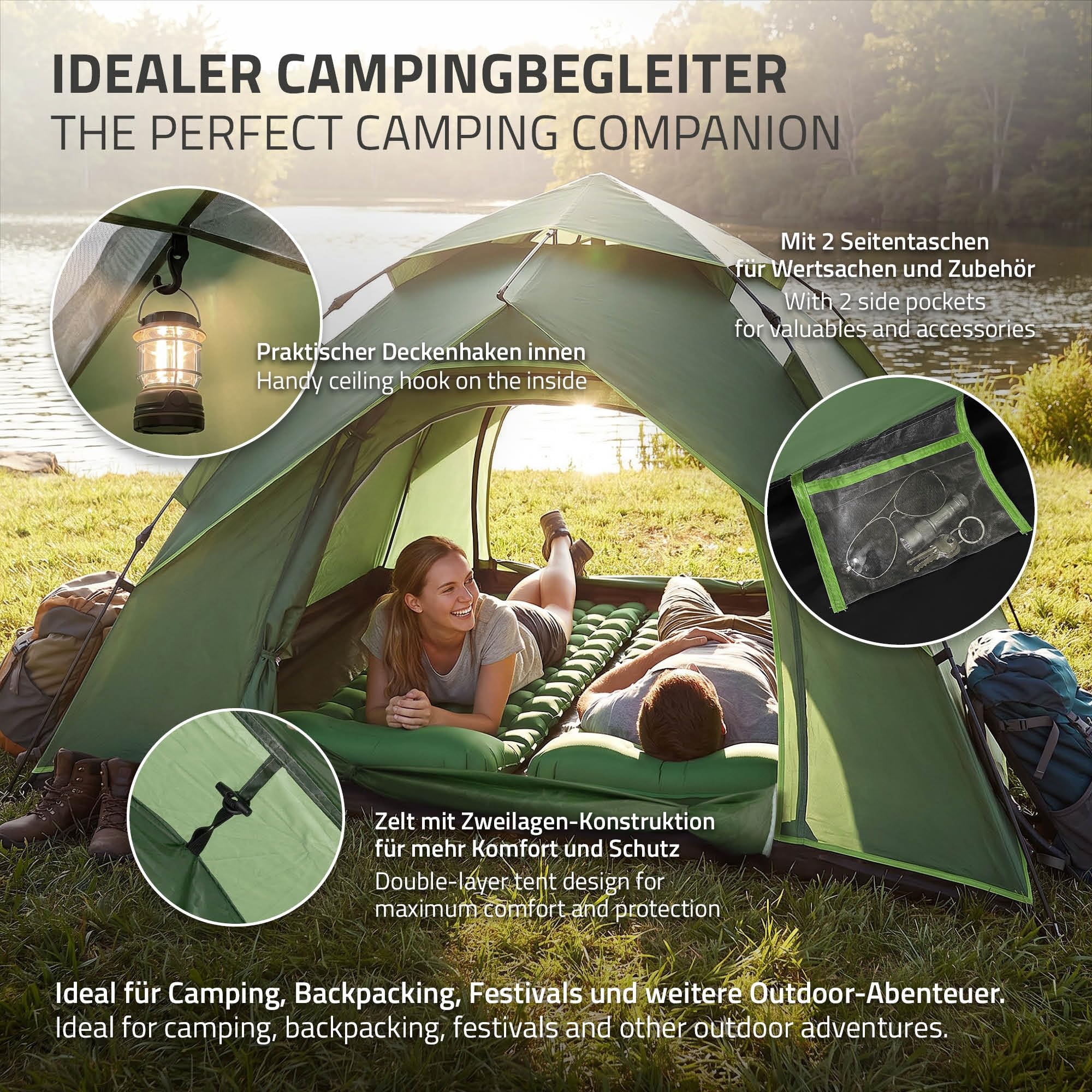 ECD Germany Tente Pop Up 4 Personnes, Résistante au Vent et Respirante, Tente de Camping Plage, Imperméable Légère, Dôme à Double Couche pour Randonnée Pêche avec Sac de Transport, Vert/Gris