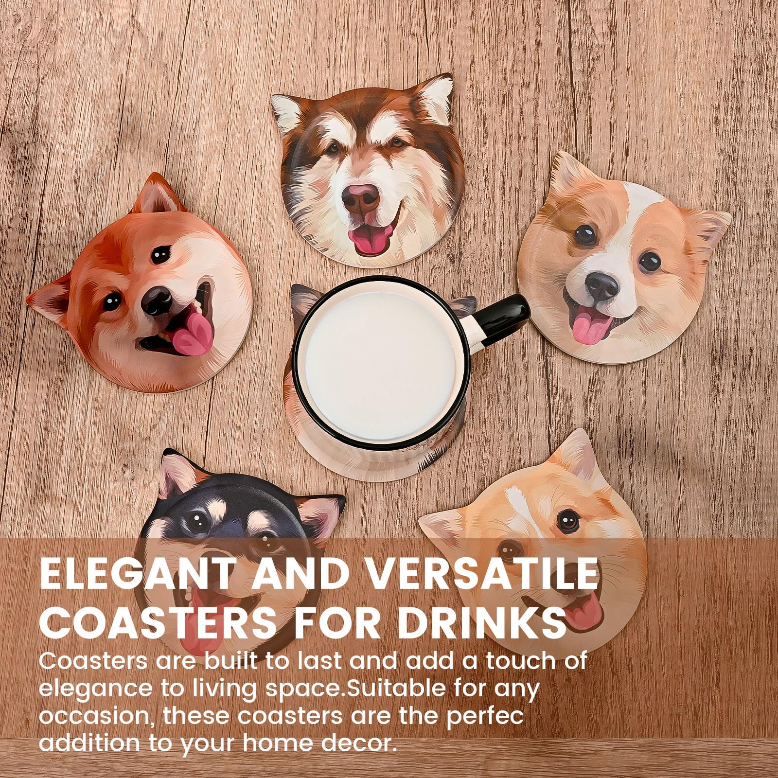 Diketone Ceramic Coasters Set Of 6 With Holder - Absorbent, Non-Slip Cork Back, Cute Dog Design, 4 Inch