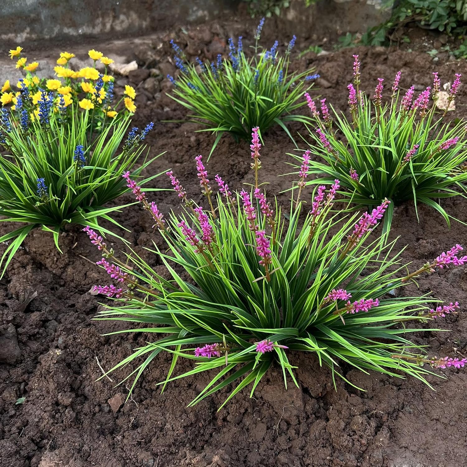 alyptus 12 Bundles Artificial Plants Outdoor Fake Monkey Grass with Flowers for Pot Garden Verandah Decor (Pink Flowers)
