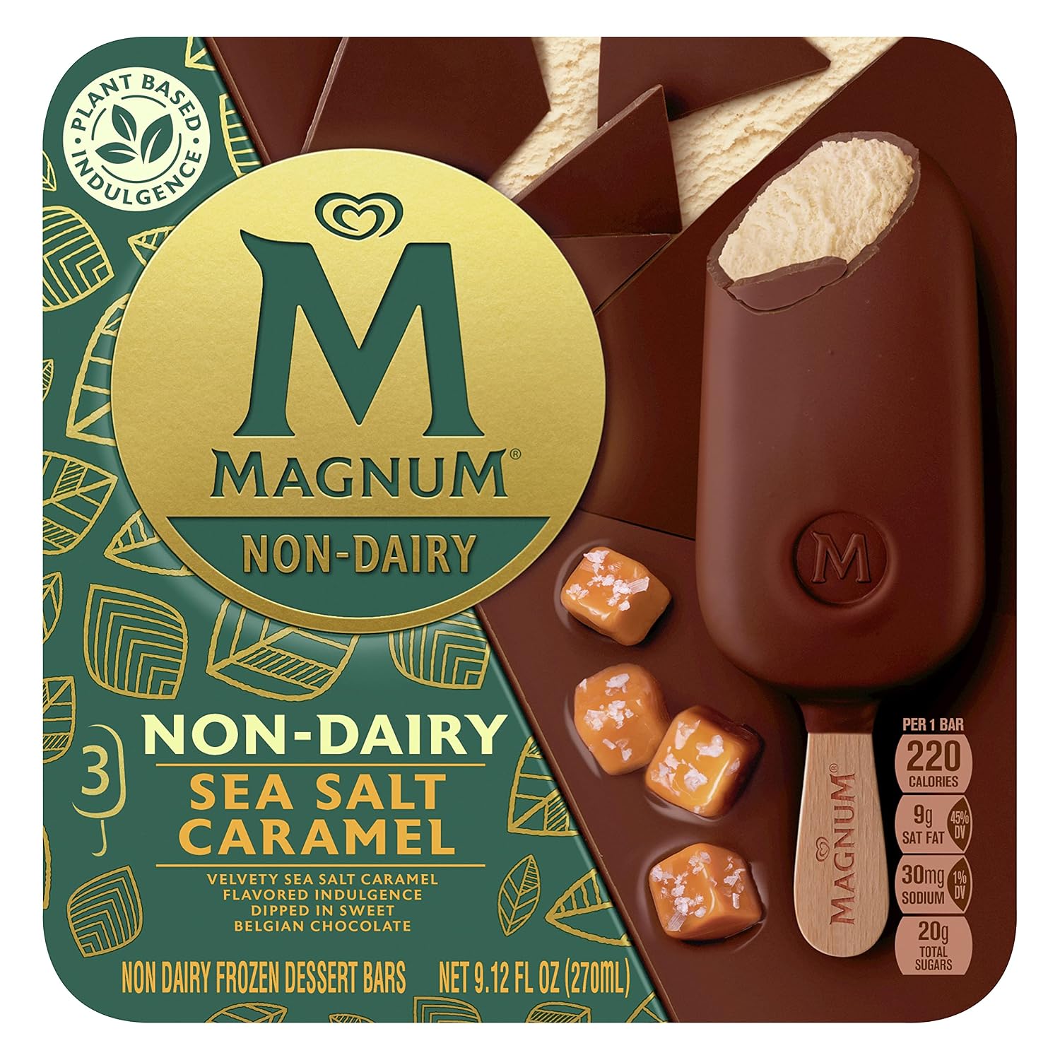Magnum Ice Cream Bar For a Delicious Dairy Free Frozen Dessert Sea Salt Caramel Vegan Ice Cream with Non-Dairy Belgian Chocolate 9.12 oz 3 Count
