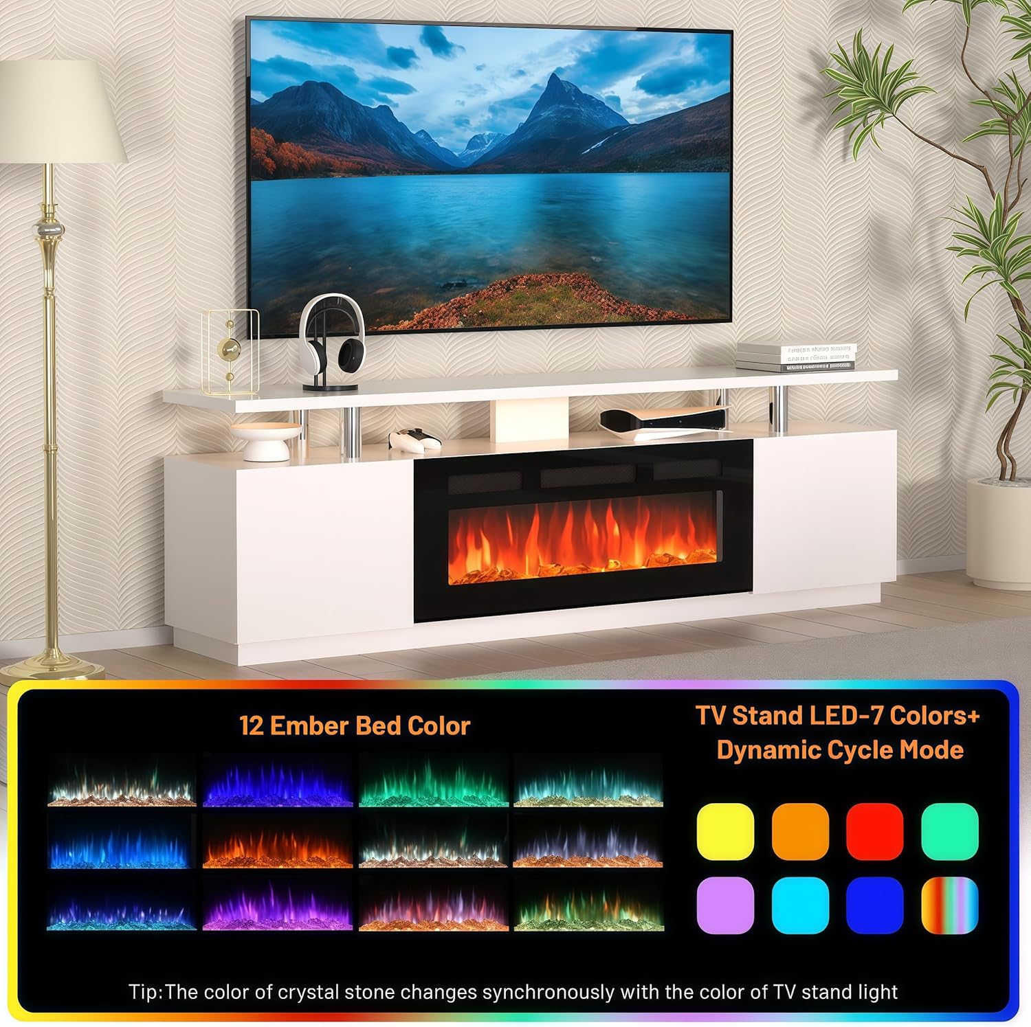 Fireplace TV Stand with 36" Electric Fireplace, for TVs Up to 80", LED Light Entertainment Center with Fireplace & Remote, 70 Inch 2-Tier Media Console with Storage Cabinet, for Living Room Bedroom