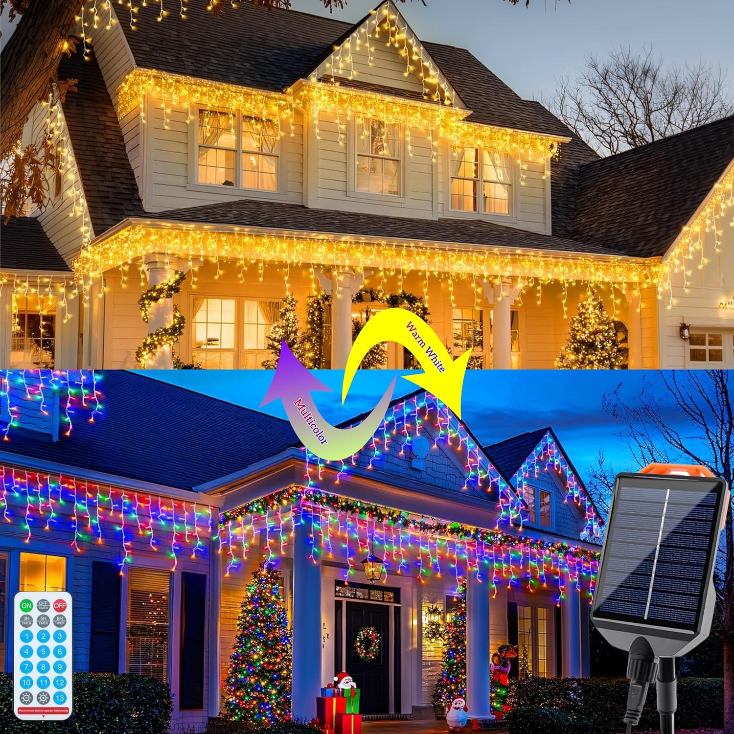 Solar Christmas Lights Outdoor 640LED 16Ft+60Ft, Color Changing Solar Icicle Lights Waterproof with 13 Modes Rechargeable for Outside Roof Fence Christmas Decorations