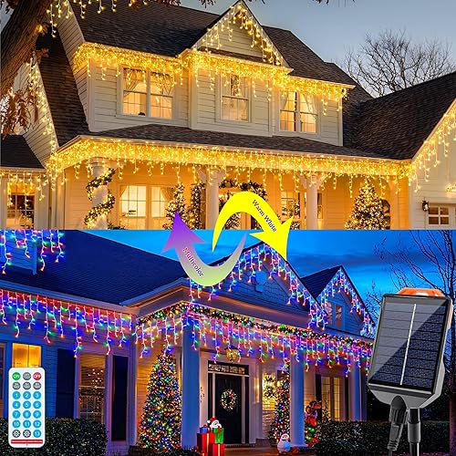 Miniatura 1 de Luces solares de Navidad para exteriores, 640 LED, 16 pies + 60 pies, luces solares de carámbano que cambian de color, impermeables, con 13 modos de