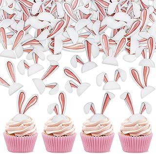Ercadio 40Pcs Edible Easter Bunny Ear Cupcake Toppers Edible Rabbit Ears Cupcake Picks Drink Toppers for Easter Rabbit Theme Baby Shower Kids Boys Girls Birthday Party Cupcake Decorations Supplies