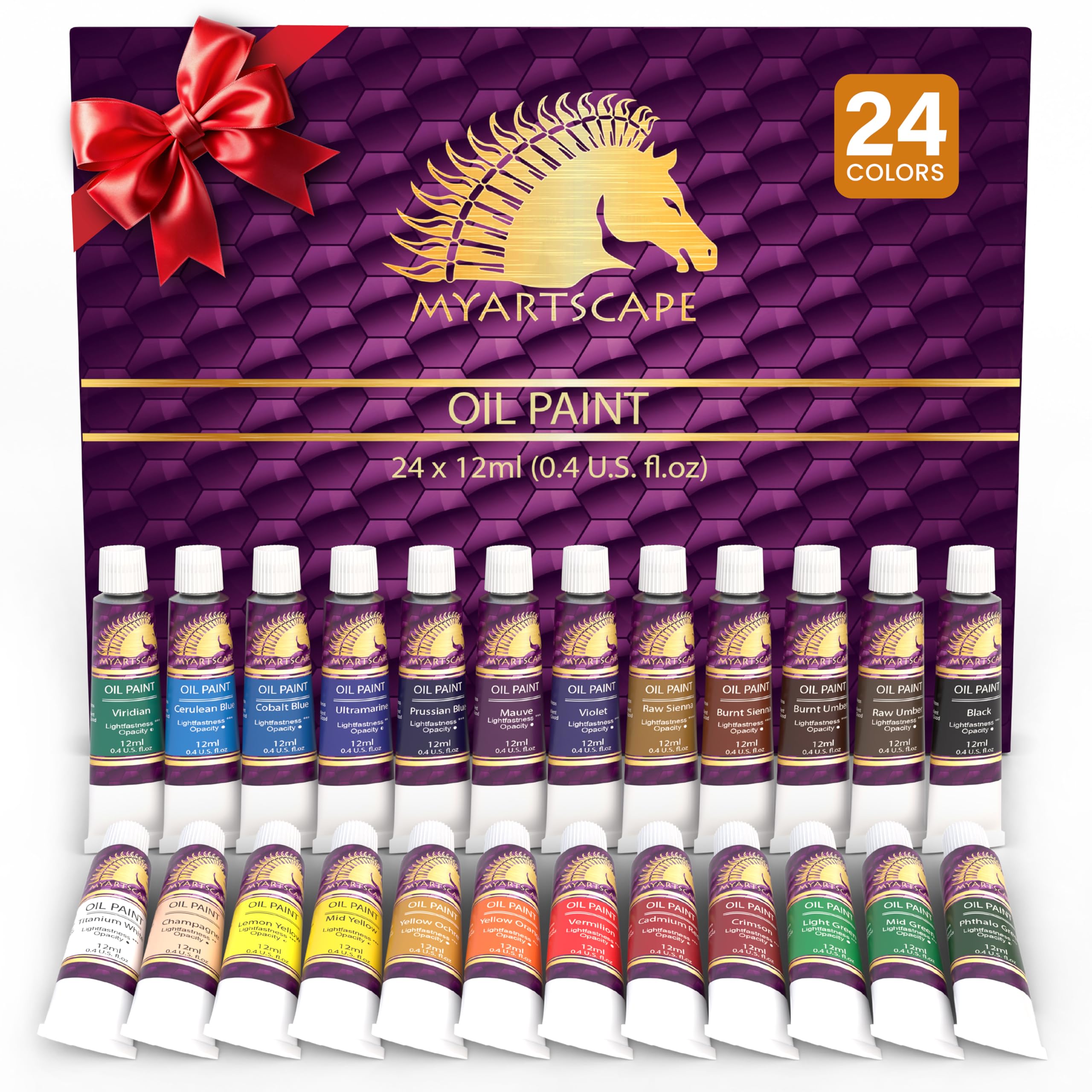 MyArtscape Oil Paint Set - 12ml x 24 Tubes - Lightfast - Heavy Body - Oil-based Colors - Great Pigment Load - Artist Quality Painting Supplies - Professional Craft Paints