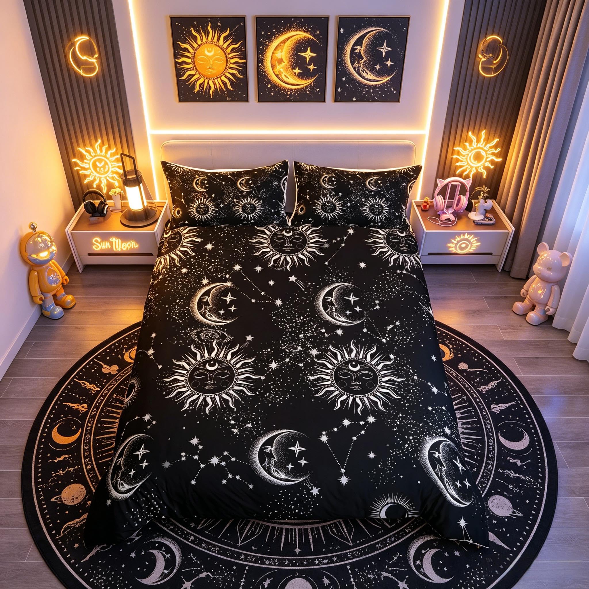 Homemissing King Sun and Moon Decoration Comforter Cover Set Bohemian Duvet Cover Exotic Galactic Astrology Children's Fashion Cute Luxury Constellation Bedroom Decoration Silver and Black โ image 1