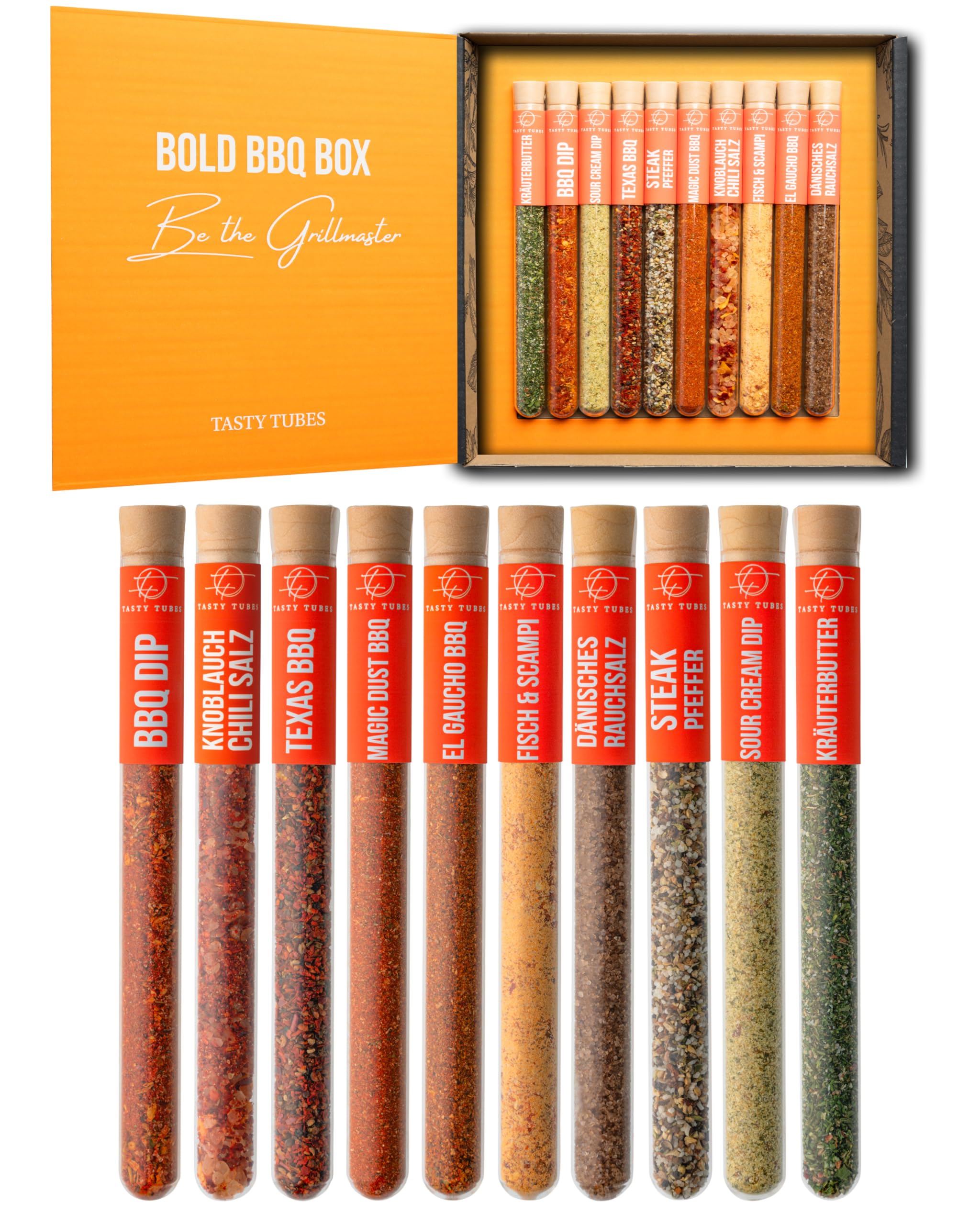 Tasty Tubes – Bold BBQ Box – Coffret d’épices – Cadeau original pour hommes & femmes – 10 mélanges BBQ, dips & beurres aux herbes – Coffret cadeau pour passionnés de grillades - 1