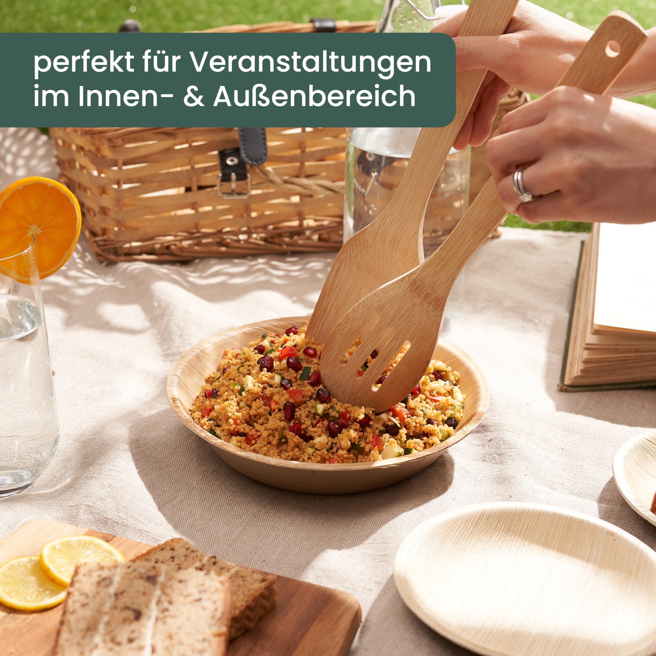 HÄAGO 25 große Palmblatt-Schalen, 700 ml – Einwegschüsseln 20 cm für warme & kalte Speisen, Party, Buffet, Chips & Pasta – kompostierbar, mikrowellen- & gefriergeeignet, Bambus-Optik