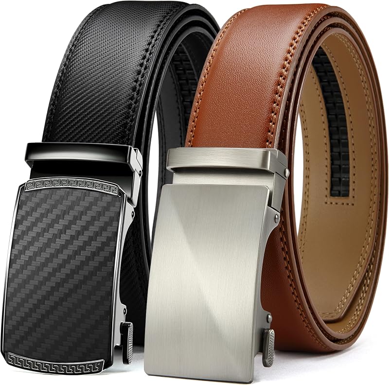 CHAOREN Mens Belt 2 Pack - Leather Ratchet Belt for Dress Pants (35mm) | Micro-adjustable, Smooth Sliding Track, Trim to Fit, Formal Suits, Casual Jeans, Gift Boxed