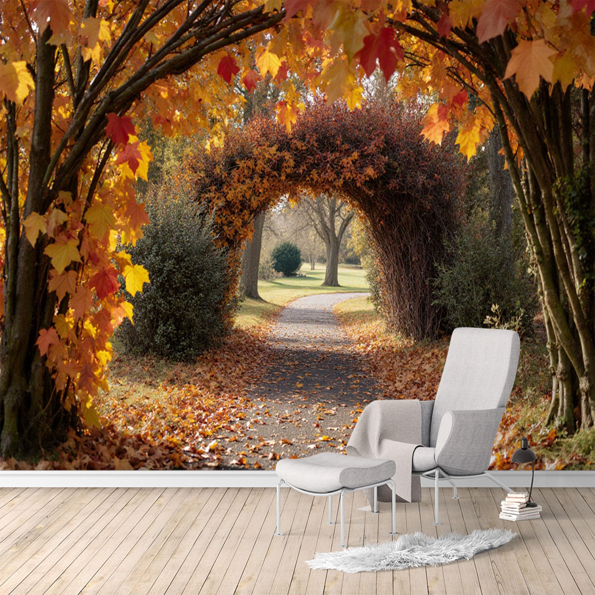 Custom Size Wall Murals, Autumn Archway Pathway Tree Lined Nature Landscape, SelfAdhesive Water Activated Removable Wall Covering, Large Photo Wallpaper for Living Room Bedroom Office