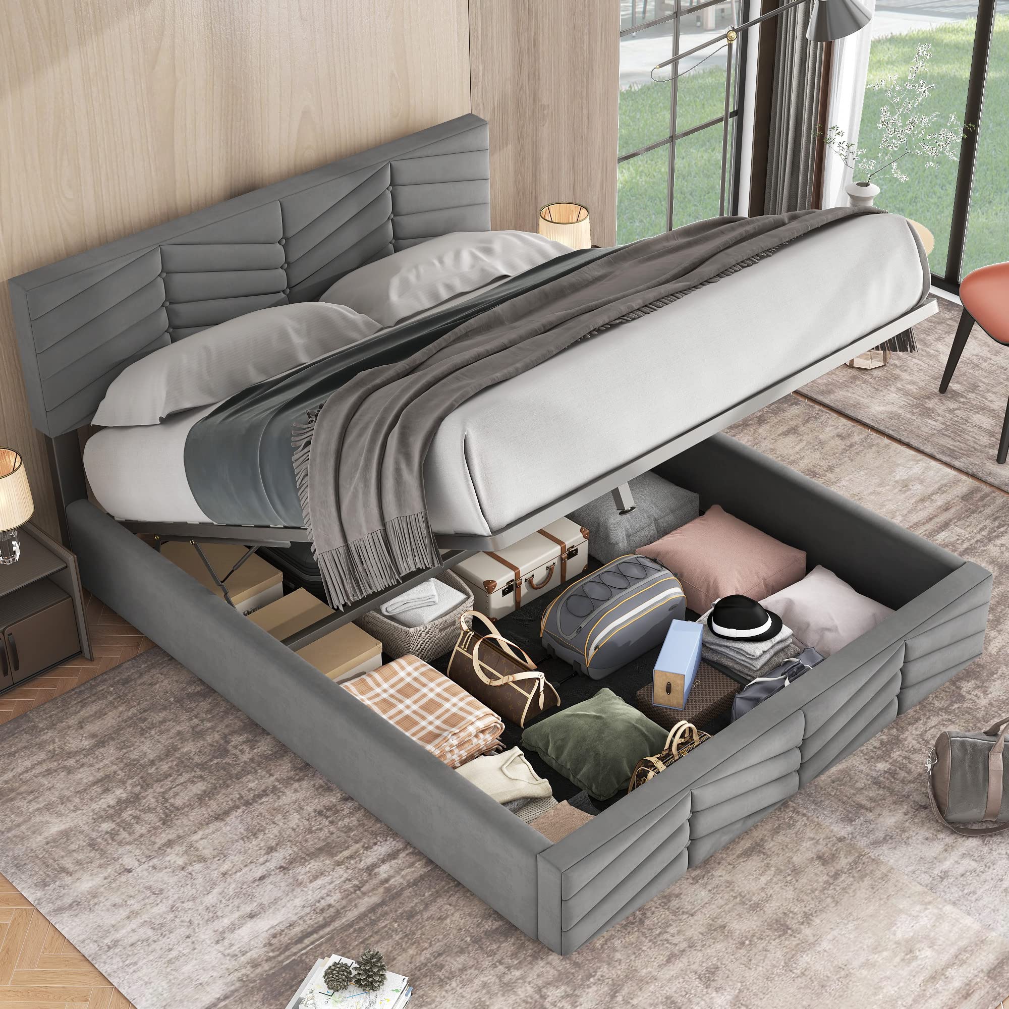 Cama Tapizada 140x190 cm, Cama Matrimonio con Cabecero Regulable en Altura, Cama Doble Juvenil con Lamas de Madera, Estilo Rayas Bed Frame con Almacenamiento Hidráulico, Gris, Sin Colchón