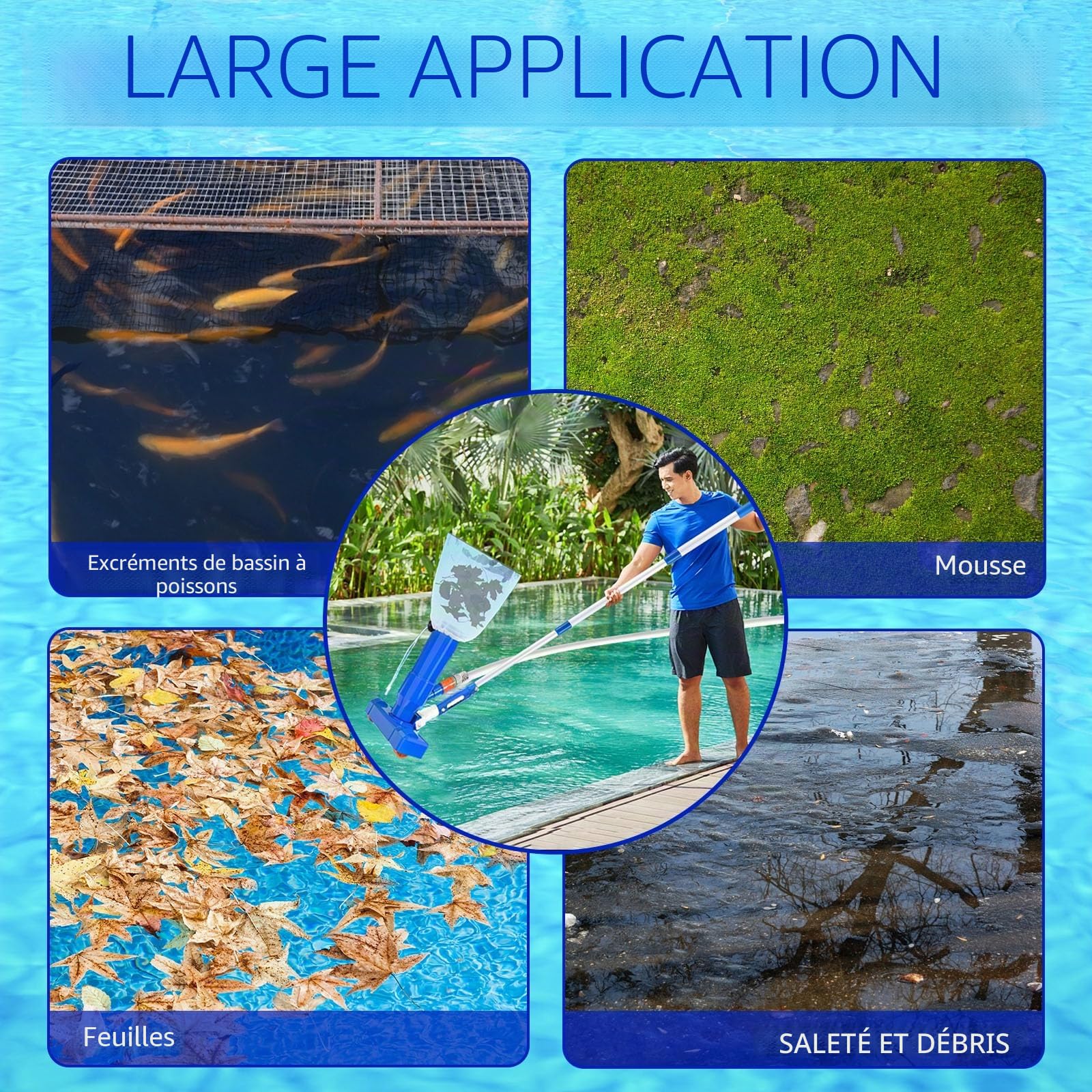Kit aspirateur de piscine portable Jet Vacuum Head avec tige télescopique, kit de nettoyage avec brosse à récurer et filet de skimmer pour le nettoyage des feuilles, de la saleté, du sable, de la boue