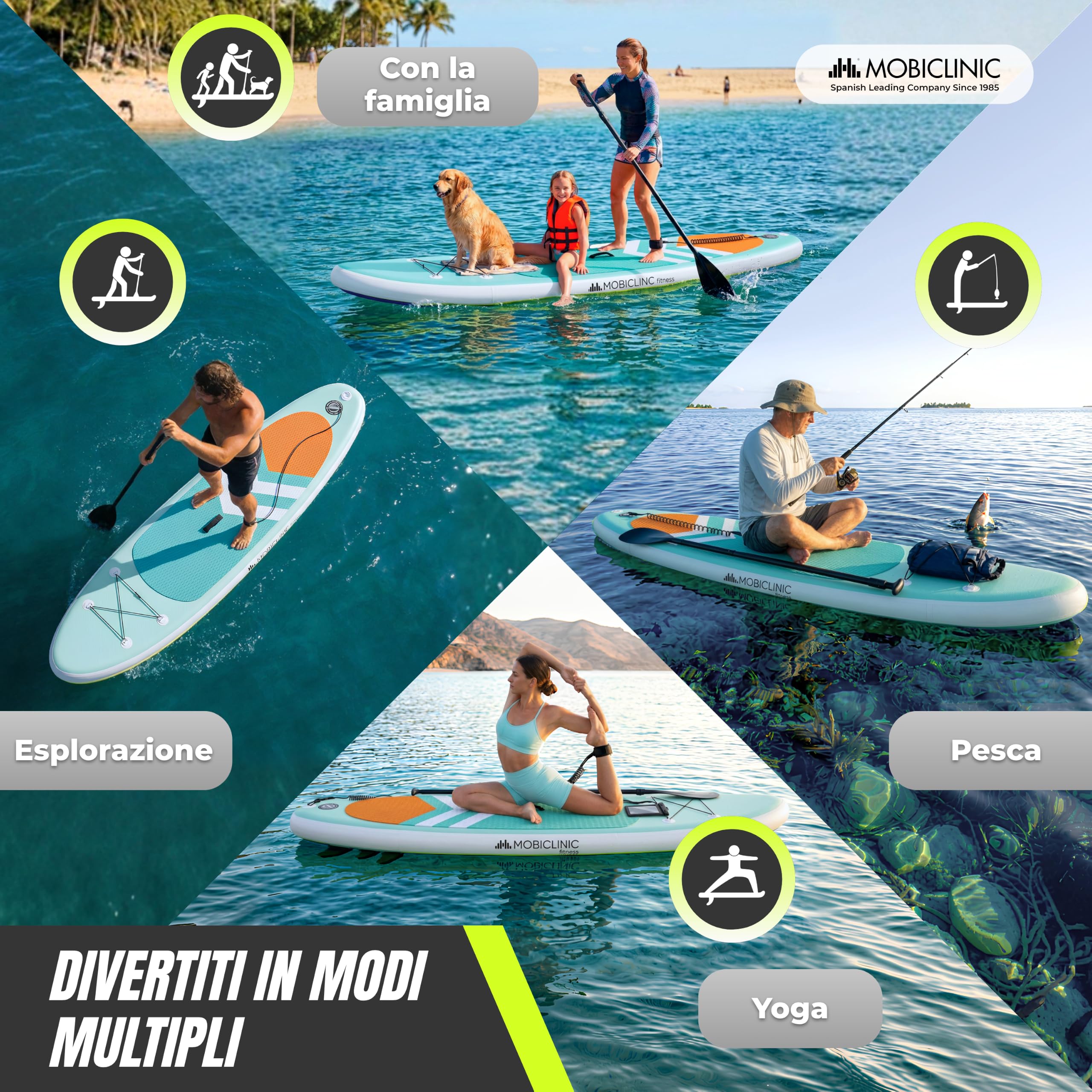 Mobiclinic®, Tavola da Sup Gonfiabile, Stand up Paddle, Pompa, Zaino, Pagaia Regolabile, Kit di Riparazione, 315x78x15 cm, Pieghevole, Per Bambini, Adulti e Animali Domestici