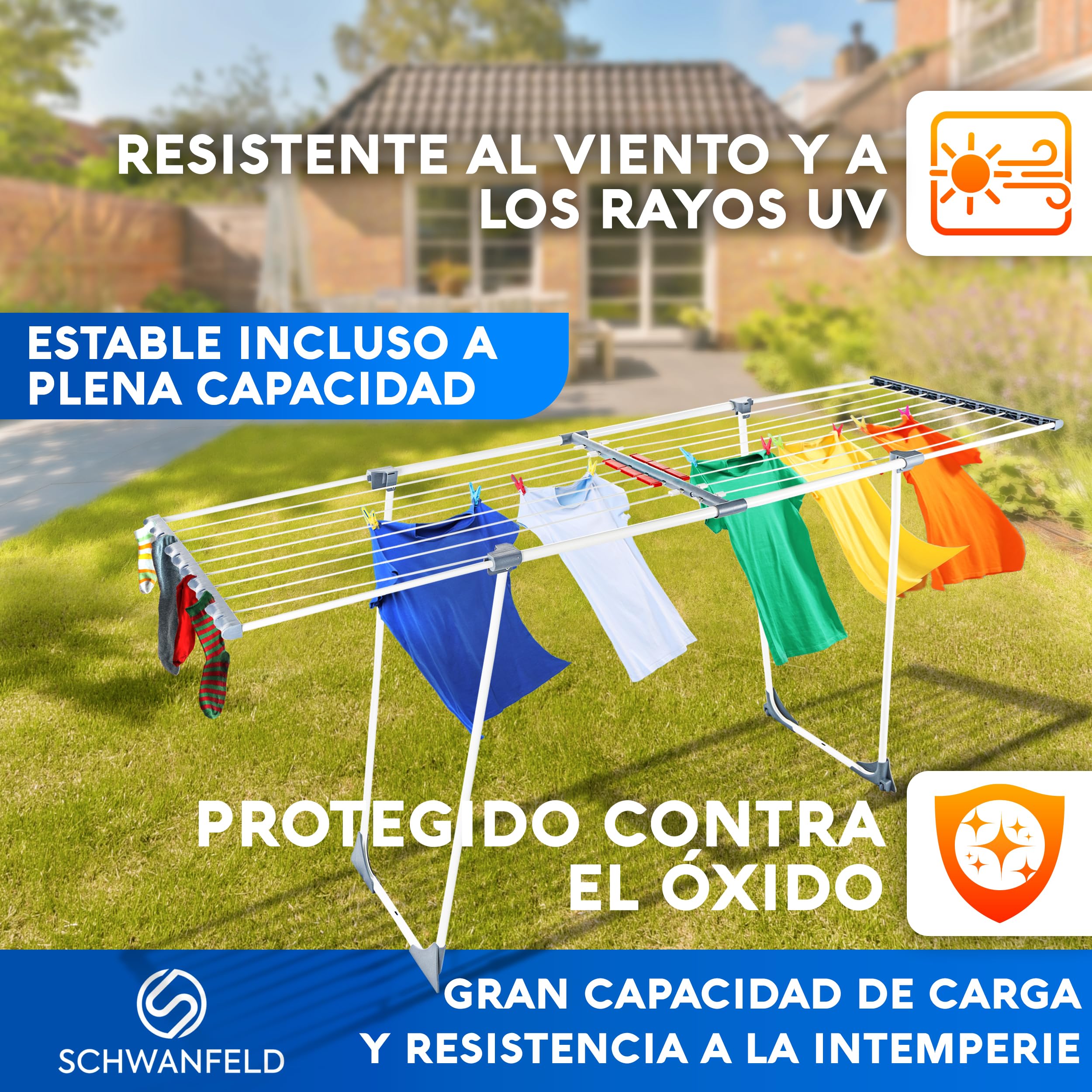SCHWANFELD® Tendedero Extensible [20M Longitud EN SECO] - Tendederos Plegables - Tendedero Plegable - Tenderetes de Ropa Plegables - Tendedero Exterior - Estendal Tendal Plegable - Tenderete