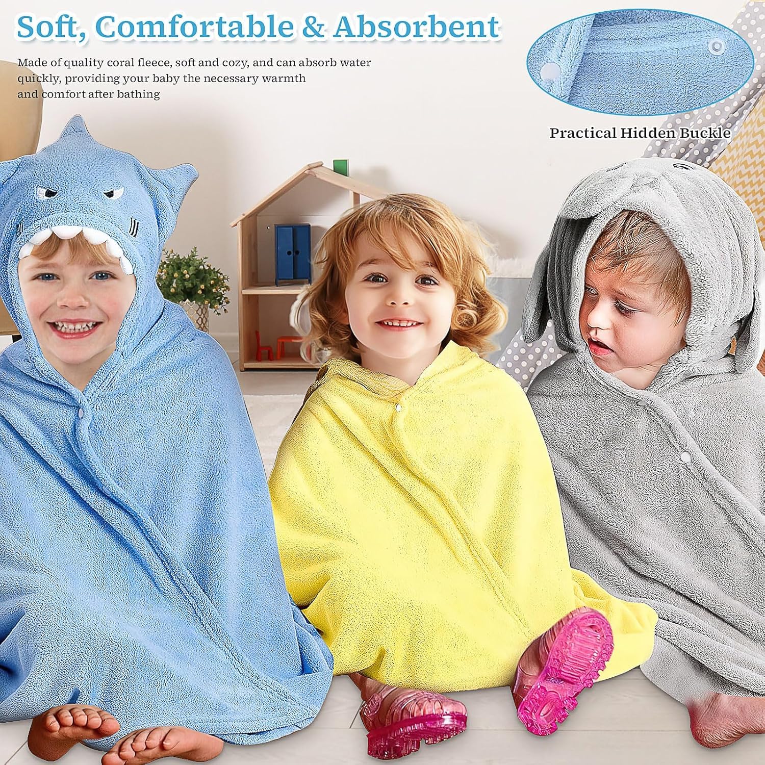 MSYU 4 Pcs Kids Hooded Bath Towel Set 140 x 68 cm Hooded Towel for Kids Large Kid Bath Towel Wrap for 3-10 Kid Boy Girl (Blue - Image 4