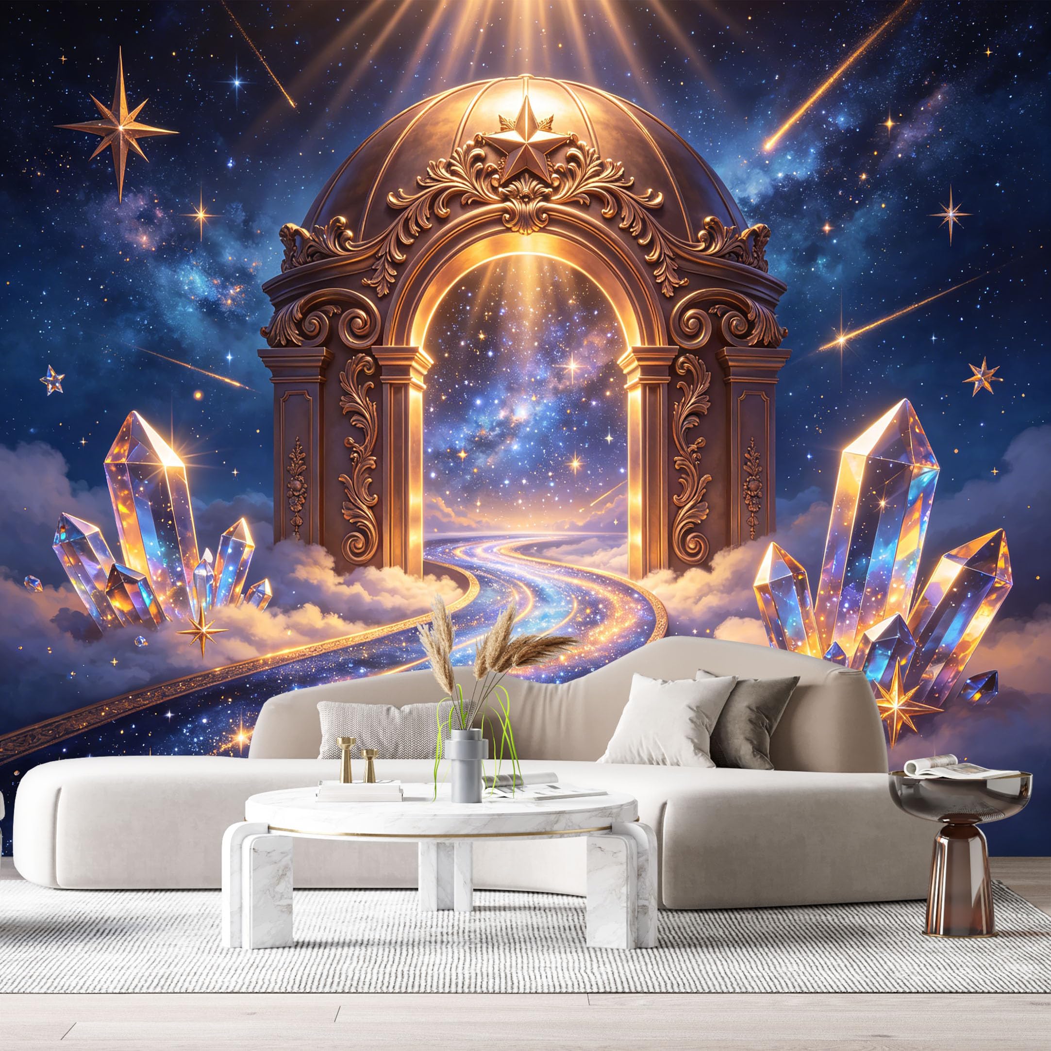 Custom Size Wall Murals Fantasy Celestial Gateway Golden Archway Cosmic Stars 3D Trompe L'Oeil SelfAdhesiveWall Fabric Removable Wallpaper Wall Decor for Living Room Bedroom Bathroom