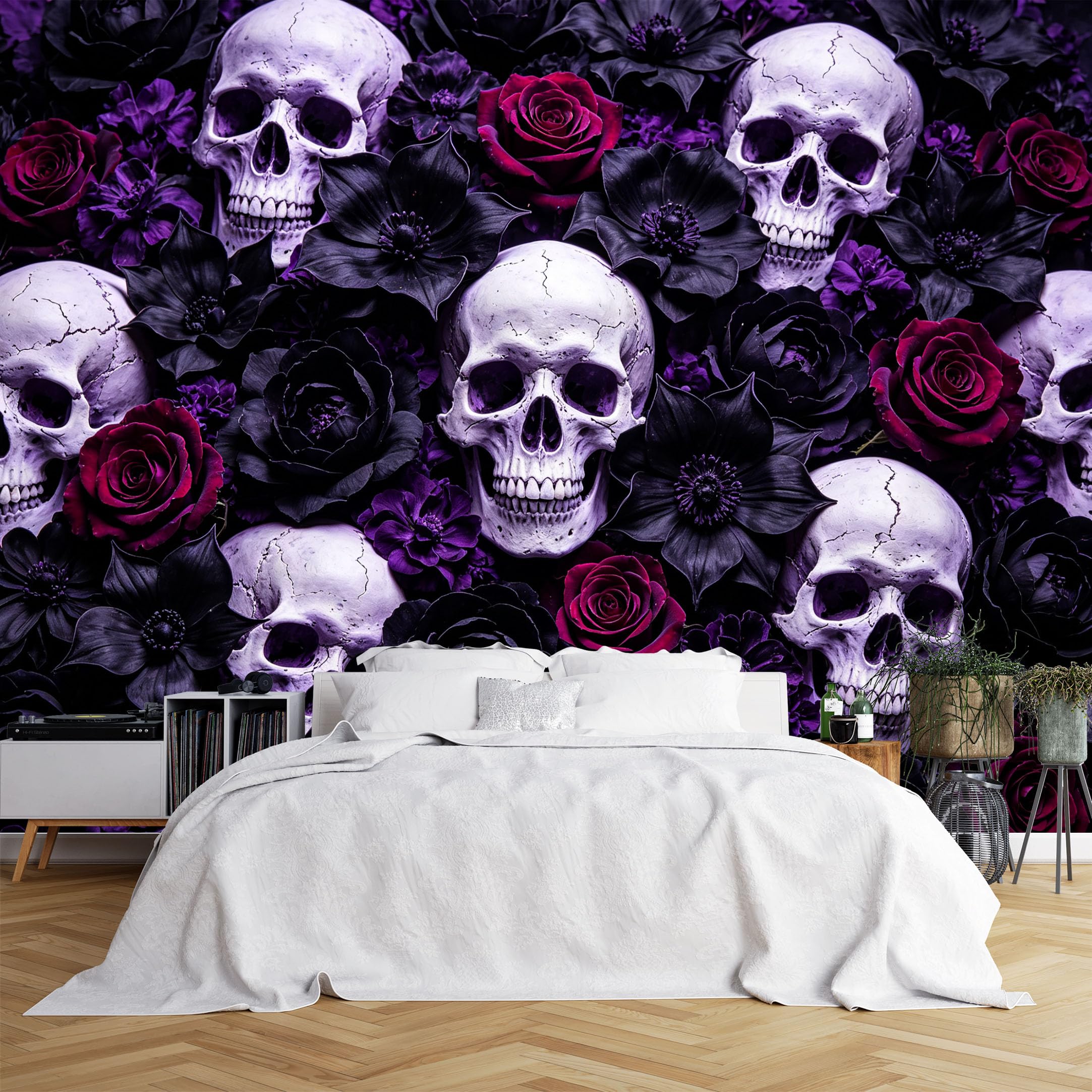 Lcythiazole Ch260615196 Custom Size Wall Murals Skulls Black Red Roses Gothic Floral Wall Covering Fabric Self-Adhesive Wall Fabric (No Pvc) Removable Wallpaper For Halloween Basement