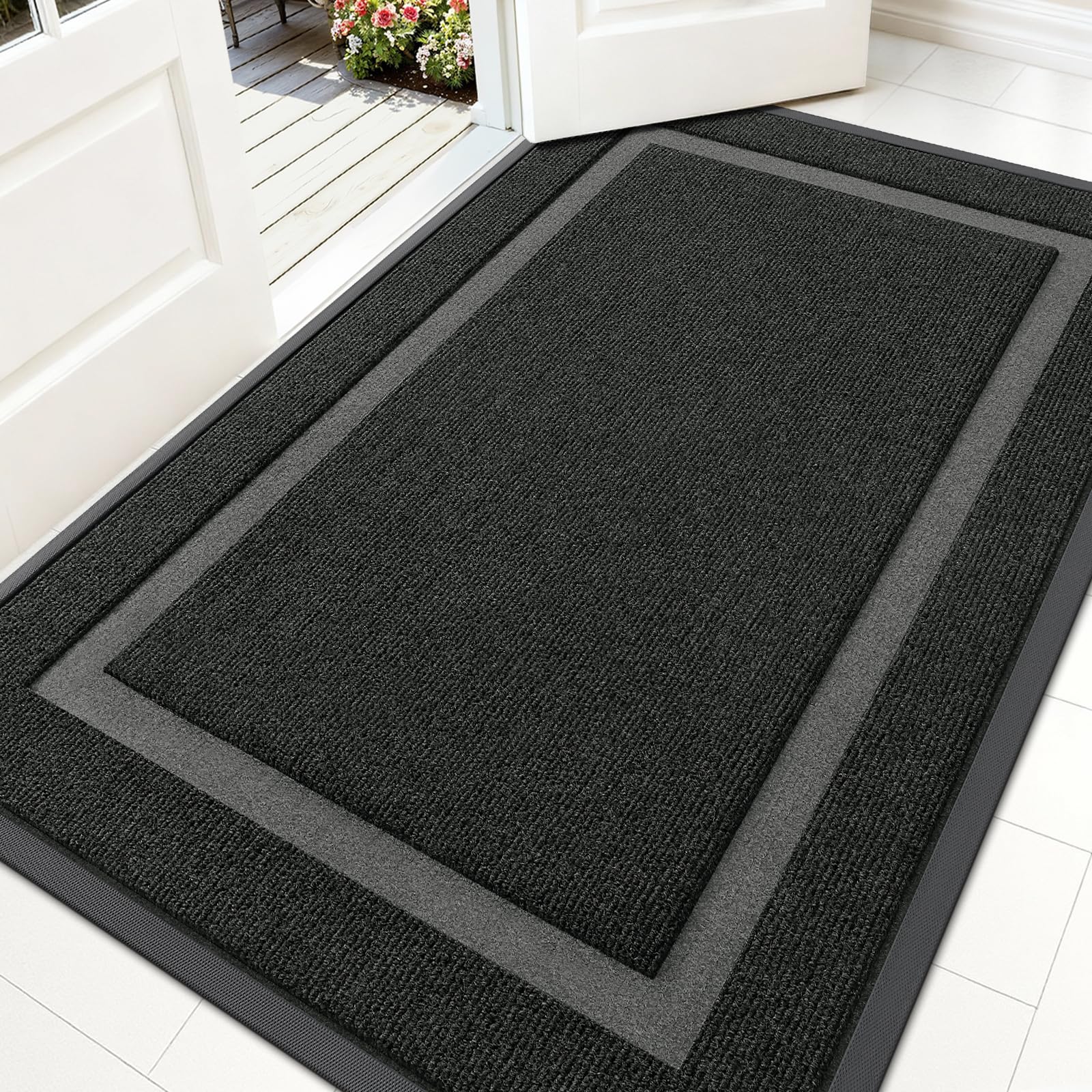 OLANLY Front Door Mat Indoor Outdoor Entrance, Waterproof All-Season, All-Weather Doormat, Sturdy Natural Rubber, Fade Resistant, Low Profile, Easy Clean Patio Porch Entryway Mat, 59x35, Black