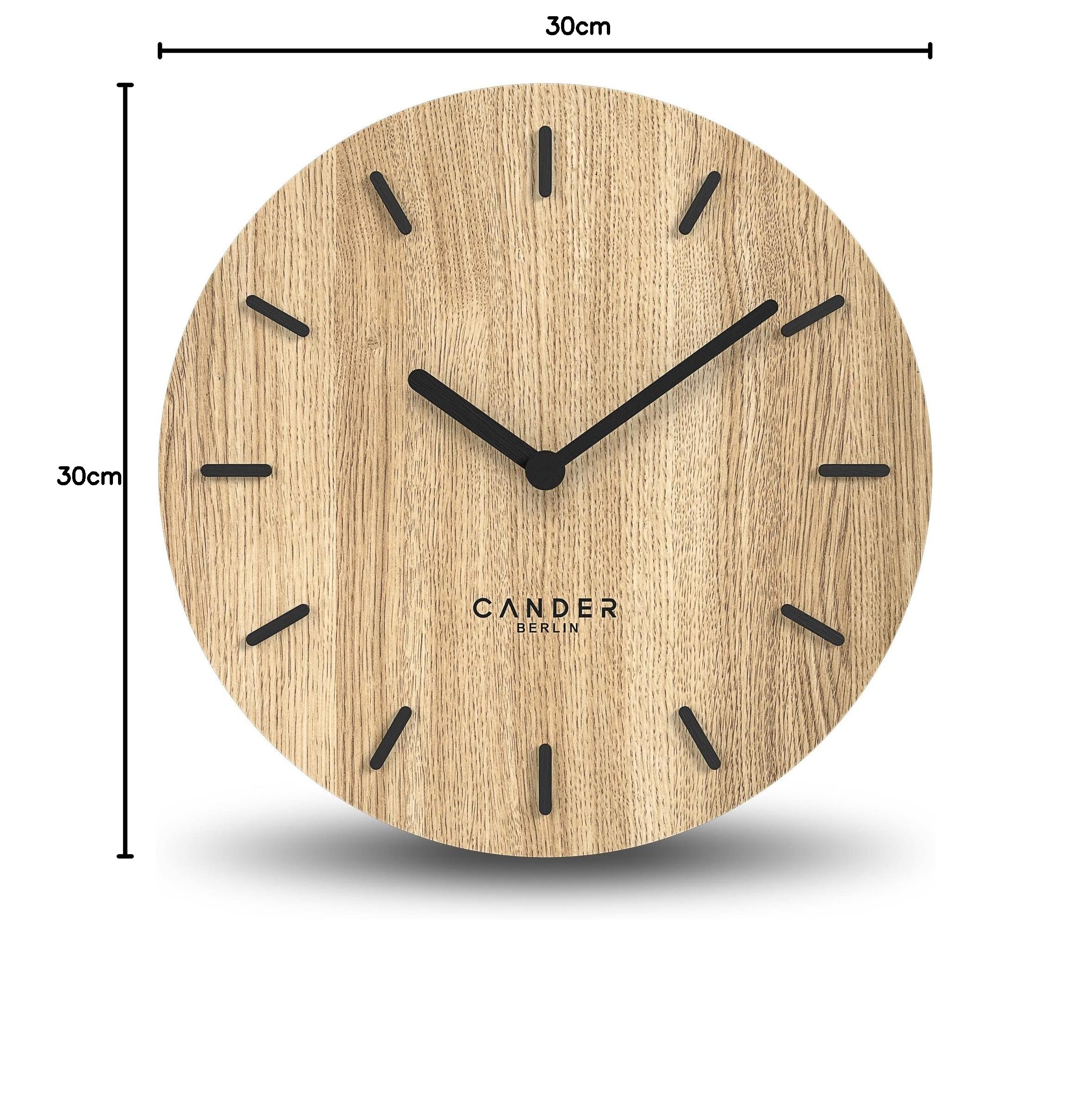 Cander Berlin MNU 2730 A Reloj de pared de madera silencioso 30 cm moderno chapa de roble sin tictac cocina salón analógico vintage