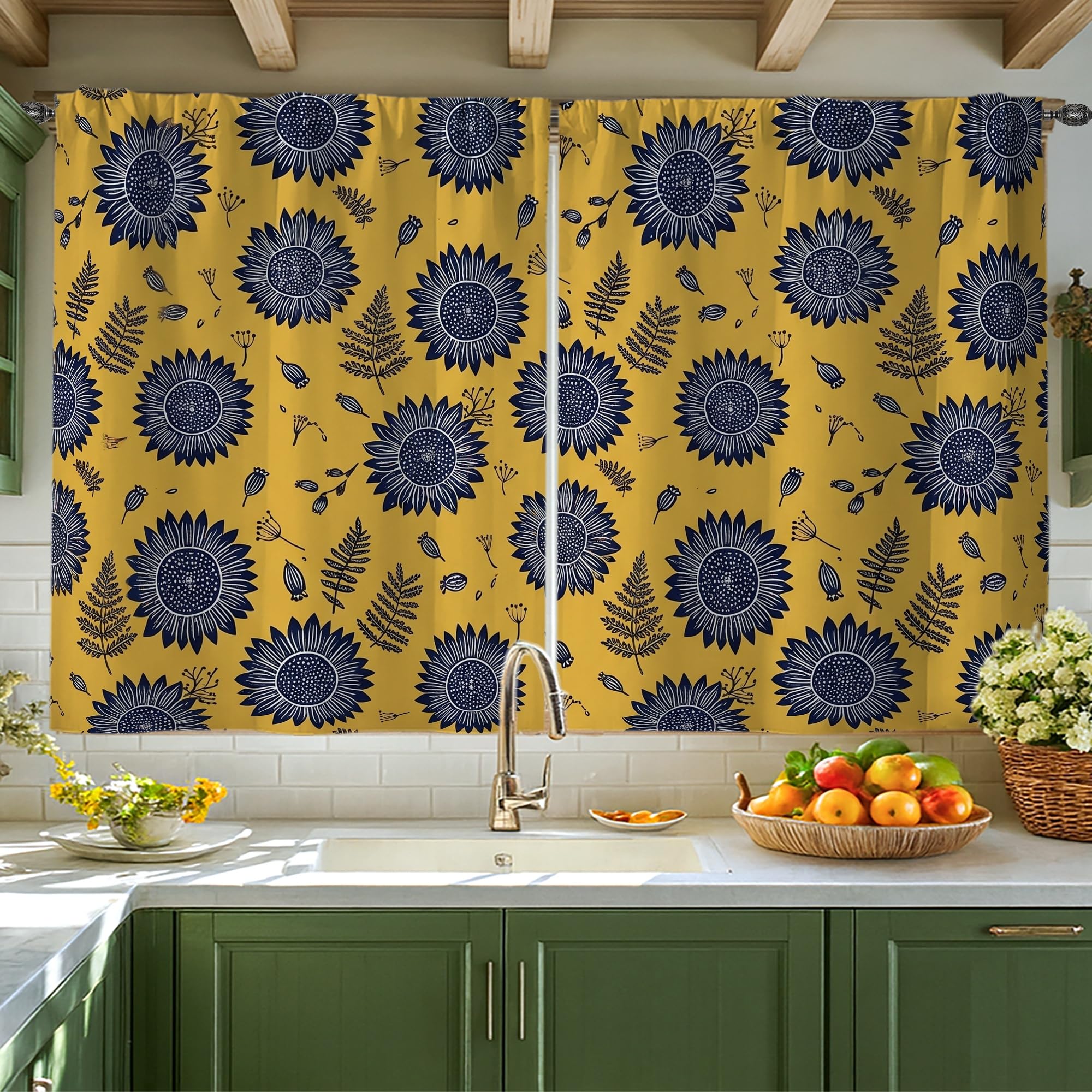 Rideaux de cuisine motif tournesol et fougère décor fenêtre 106x114cm