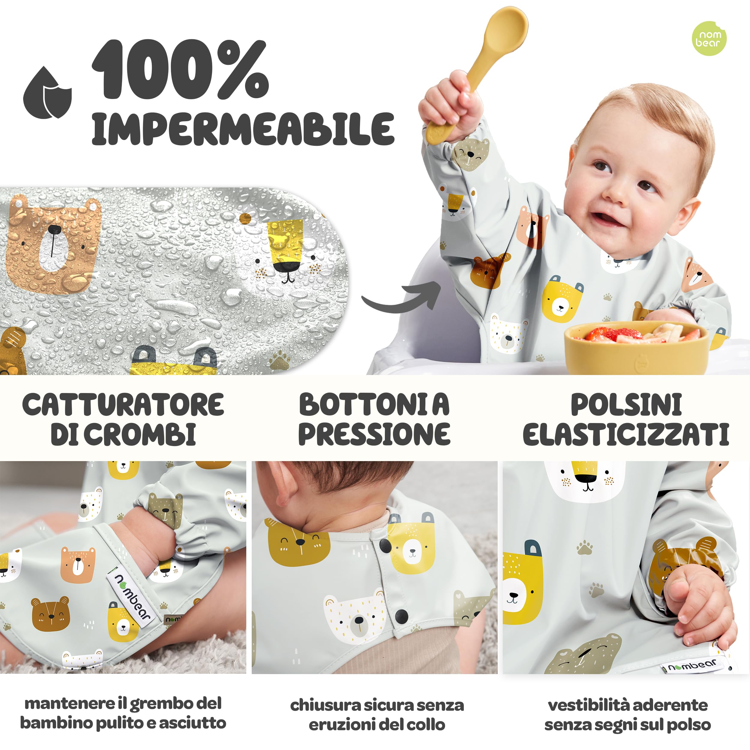 Nombear ® Bavaglini Impermeabili con Maniche 6 Mesi o Più - Bavaglini Pappa Svezzamento, Bavaglino con Maniche Lunghe, Bavaglini Impermeabili con Tasca, Bavaglio con Maniche per Bimbo