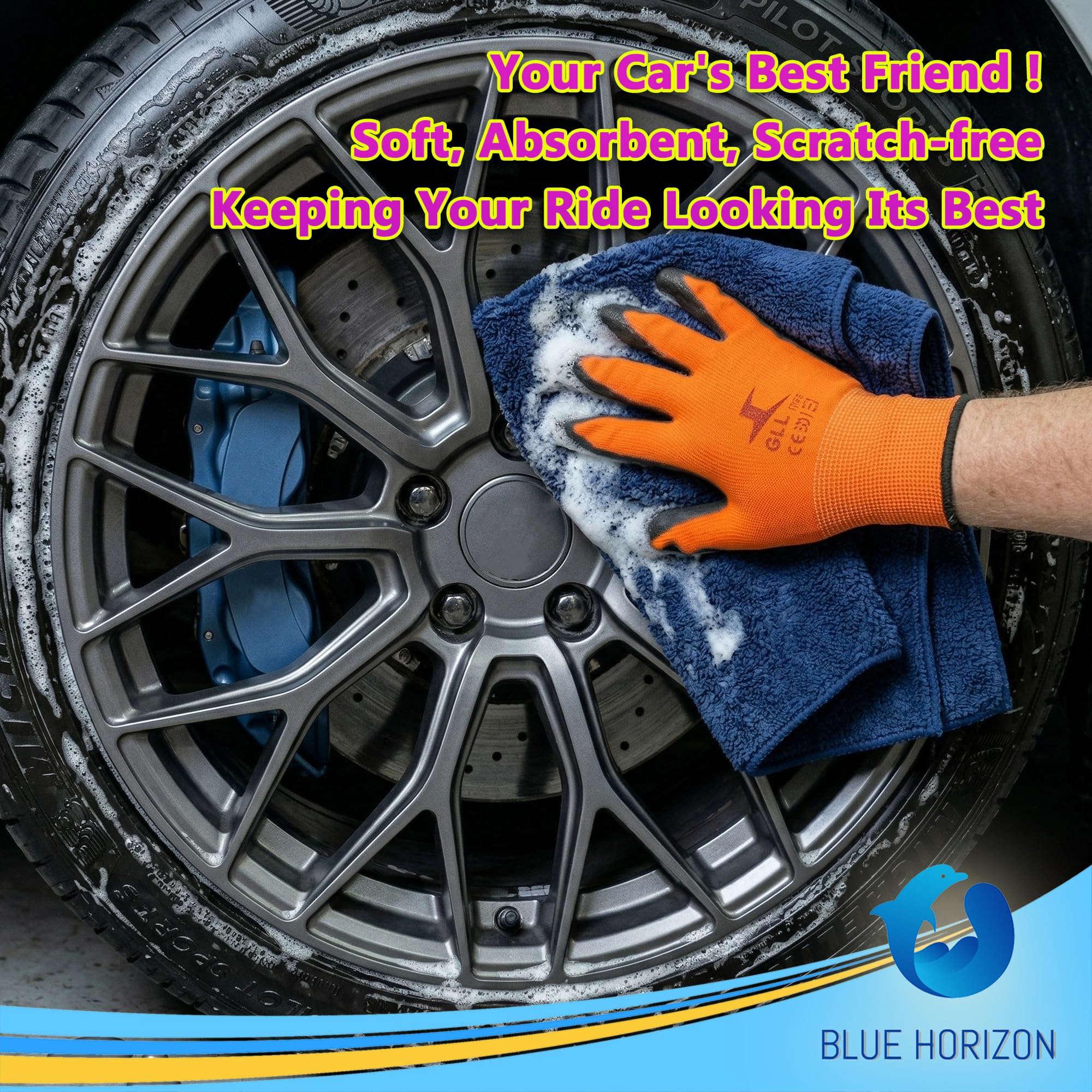 Mikrofaser-Autowaschhandschuh und großes Handtuch-Set, maschinenwaschbar, hochsaugfähiger Auto-Detaillierungsreiniger zum Trocknen, Waschen und Wachspolieren (1 grüner Handschuh, 1 blaues Handtuch)
