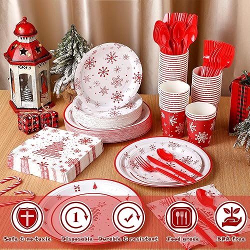 Miniatura 3 de Juego de vajilla de 350 PSC para fiesta de árbol de Navidad, platos de papel desechables rojos para 50 invitados, vasos de copos de nieve rojos y