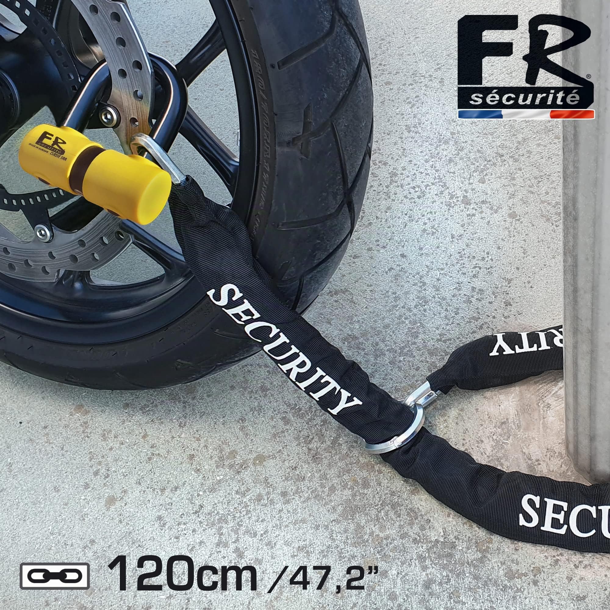 FR sécurité FR50 + 10.120L Bloccadisco Moto Catena Antifurto Mini U Omologato Sra Protezione Sicurezza Motociclo Scooter Bicicletta Multifunzione Acciaio, Anello Loop 120cm