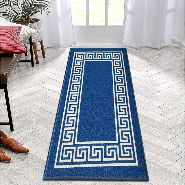 B&B Hallway Runner Kitchen Rug Non-Slip Washable Door Mat | 66 x 220 cm Anti Fatigue, Entrance Large Anti-Slip Floor Mat Stair Runner Rug Carpets - Greeky Rug - Blue & Cream