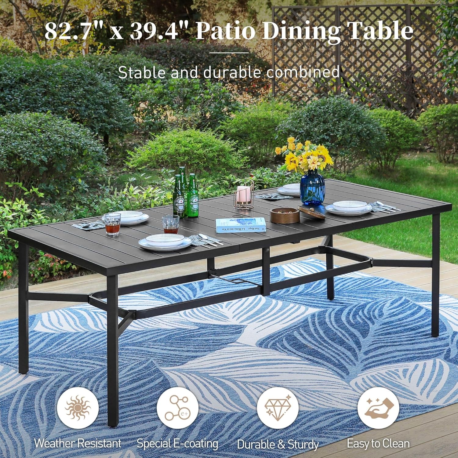 SUNSHINE VALLEY 83" Patio Table for 8,Large Rectangle Patio Dining Table with Umbrella Hole,E-Coating and Powder Coating Steel Frame Metal Outdoor Patio Table for Garden Backyard Lawn Yard