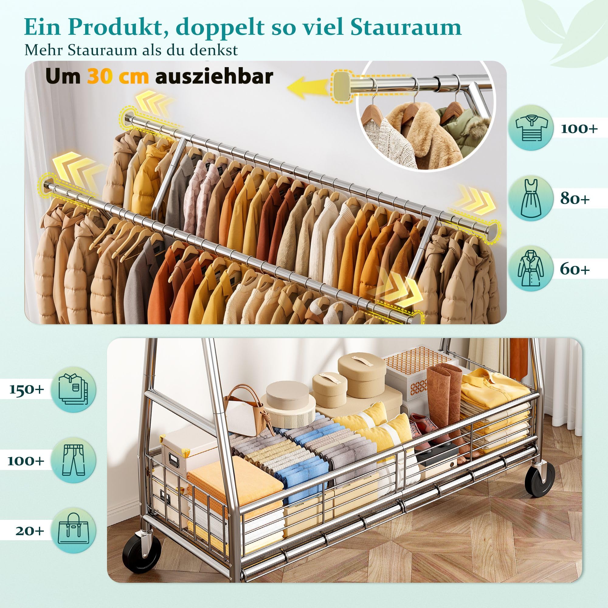 Kleiderständer auf Rollen mit Doppelstange & Netzkorb, 200 kg Schwerlast-Tragkraft, reichlich Stauraum für Kleidung & Accessoires
