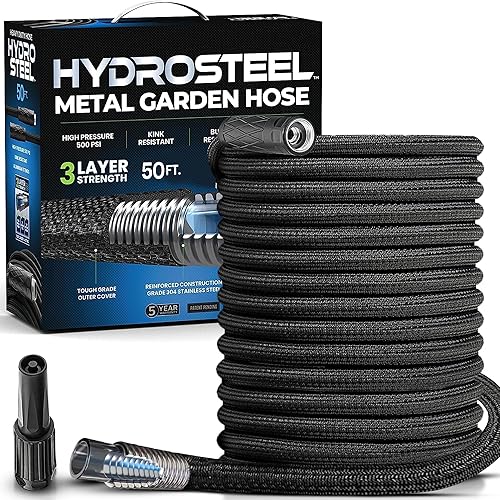 Hydrosteel Manguera de jardín de 50 pies, manguera de agua de metal de acero inoxidable 304 de 50 pies, ultra duradera, flexible, ligera, resistente