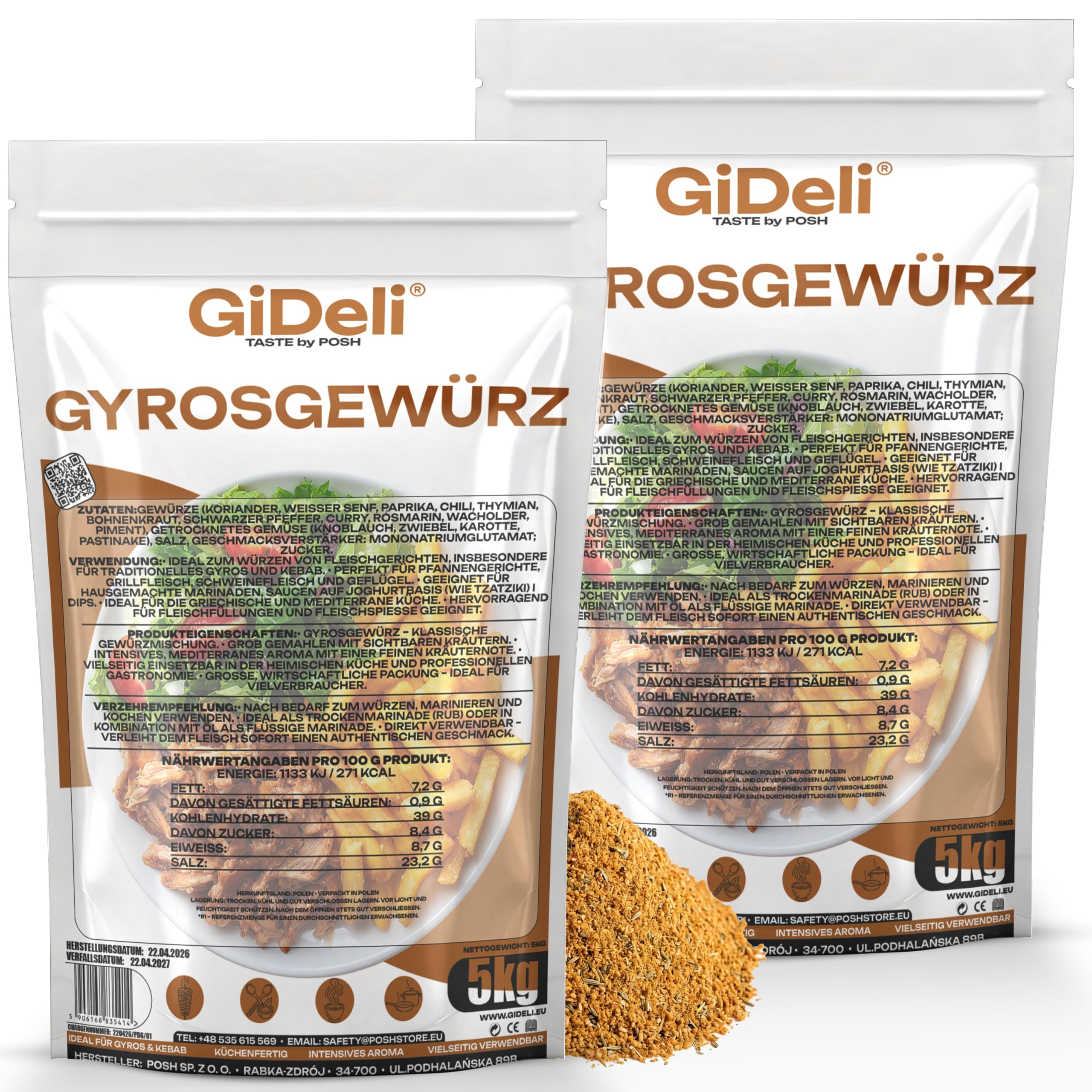 GiDeli Gyrosgewürz 2x5kg - Authentische Griechische Rezeptur mit 11 Gewürzen & Kräutern - Mediterrane Gewürzmischung & Fleischgewürz - Grob Gemahlen & Küchenfertig - Ideal für Grill, Kebab & Marinaden