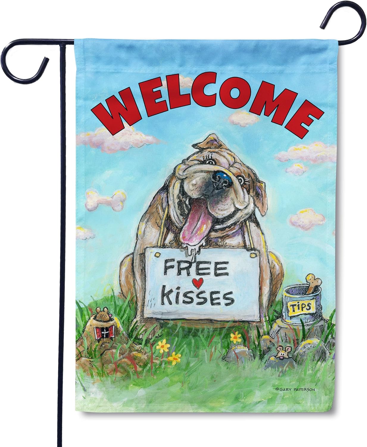 Flagology, Gary Patterson Dogs Free Kisses Bulldog Garden Flag 12" x 18", Funny Outdoor Spring Décor for Dog Lover