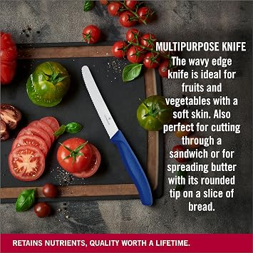 Victorinox 6.7832 Swiss Classic Tomato and Table Knife Ideal for Cutting Fruits and Vegetables with Soft Skin Serrated Blade in Blue, 4.3 inches