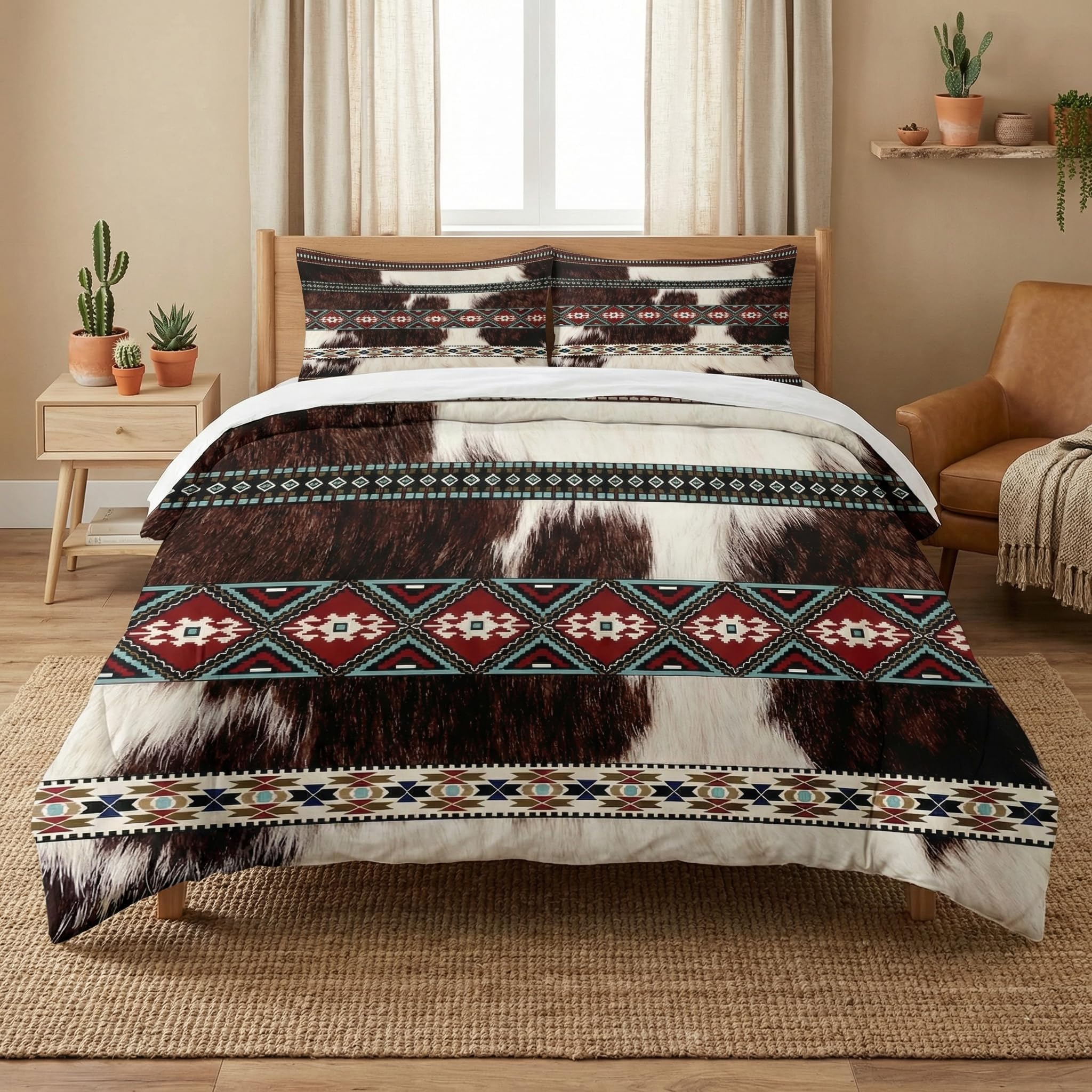 Comforter Set Queen Size with 2 Pillowcases, Cowhide Cow Print Bedding Set for Kids and Adults, Aztec Vintage Animal Fur Soft Comforter Set for Bedroom Bed Decor